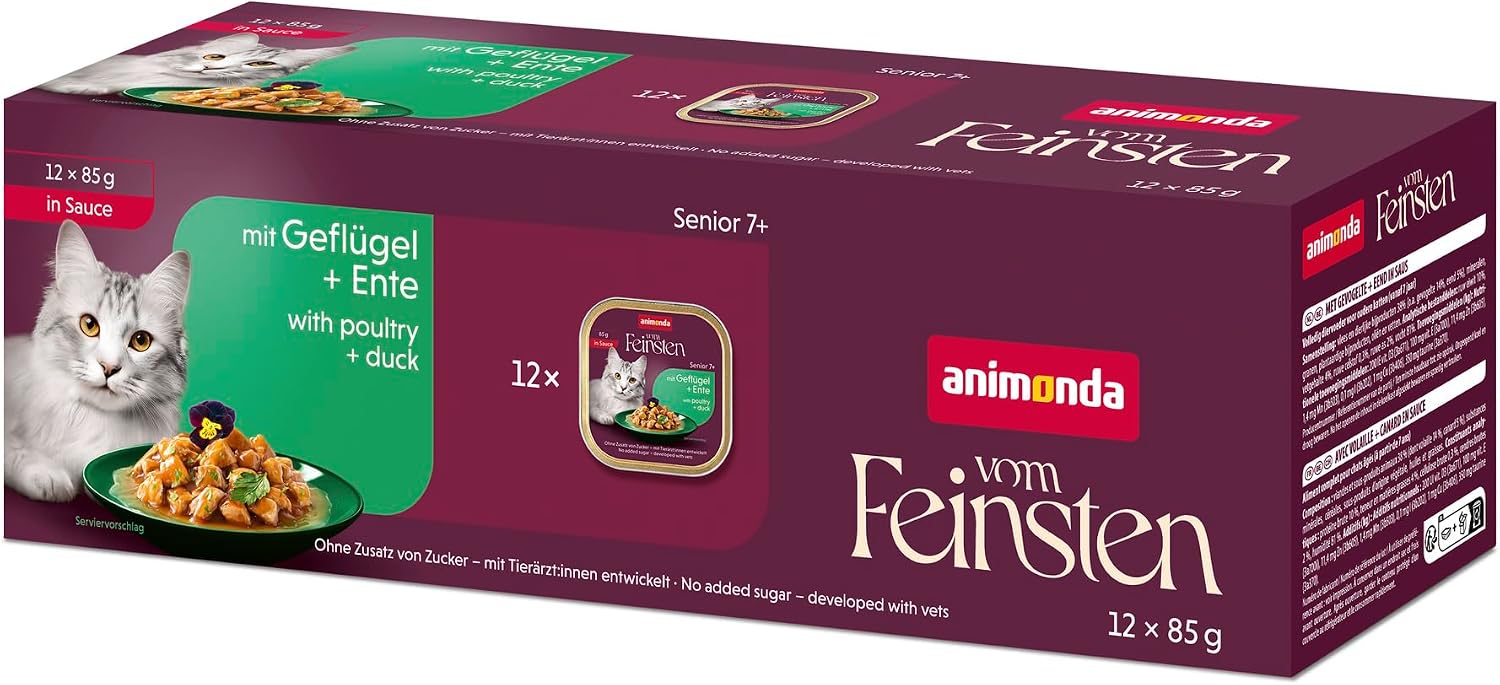 animonda vom Feinsten Premium Senior karma dla kotów mokra drób + kaczka w sosie (12 x 85 g), wysokiej jakości mokra karma dla kotów bez cukru