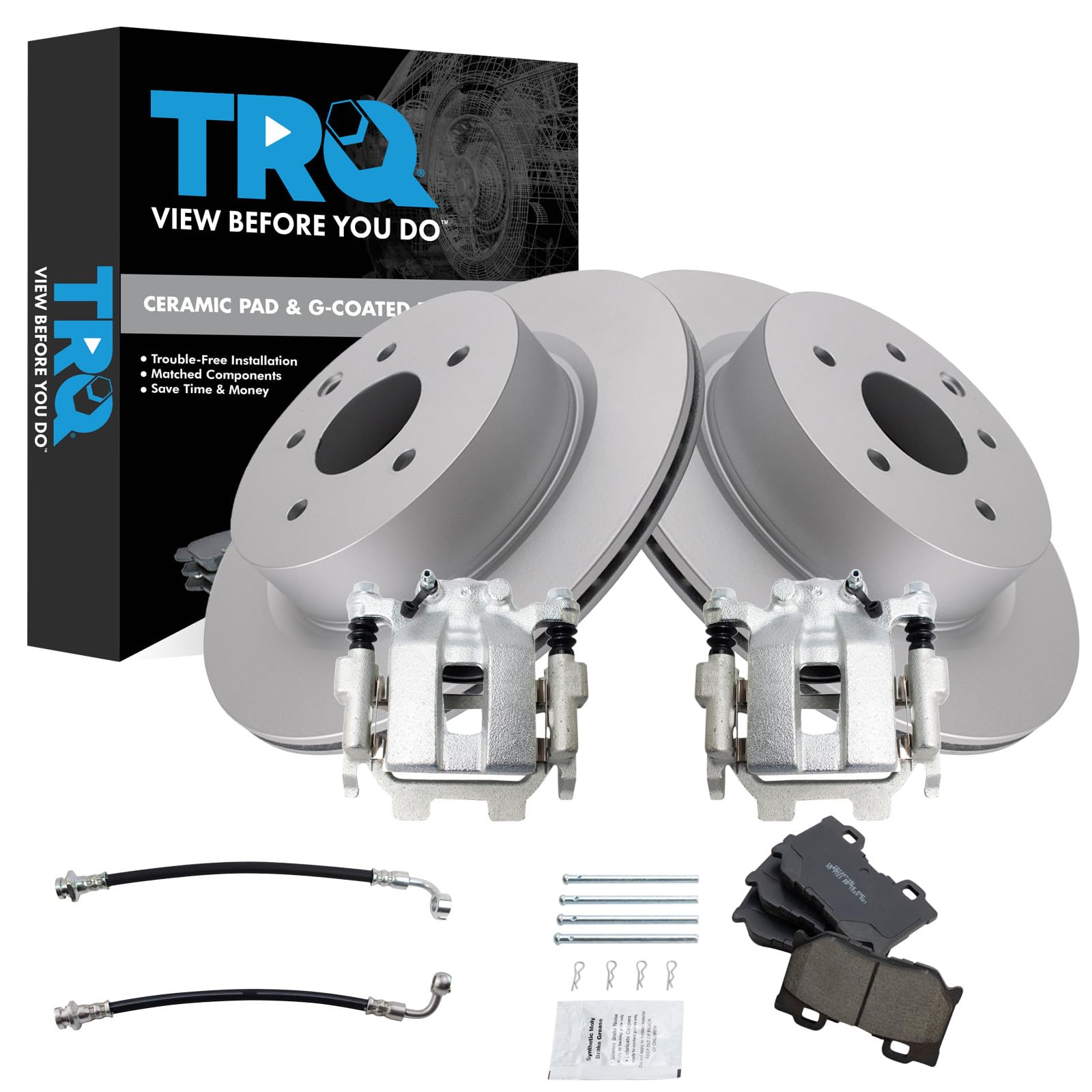 TRQ Rear Brake Pad and Rotor Set Ceramic G Coated Rotors Calipers Compatible with 2010-2015 Nissan 370Z