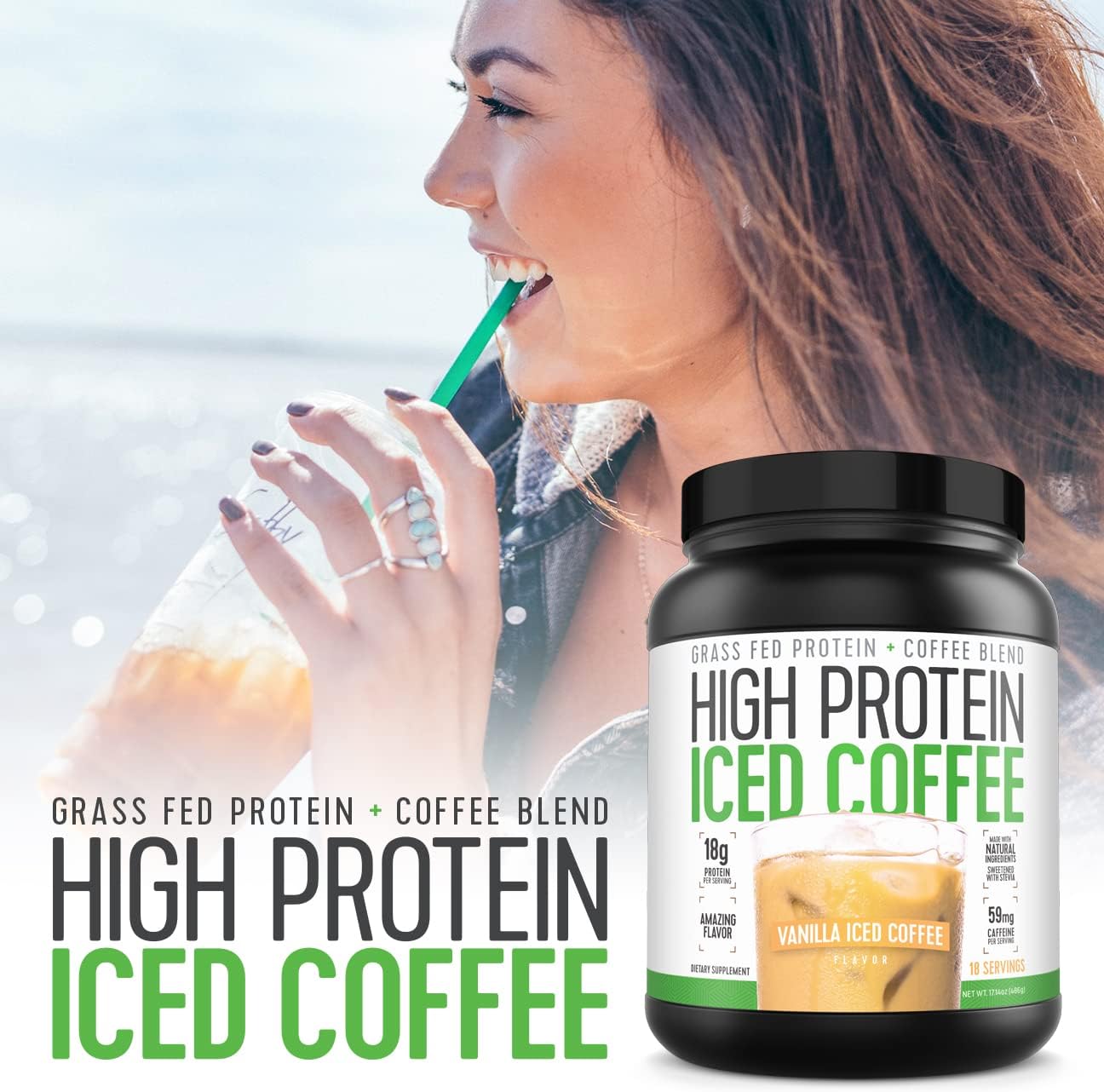 Iced Coffee, High Protein Coffee Keto Friendly, 18g of Protein, 2g Carbs, Natural Ingredients (18 Servings, Vanilla Latte)