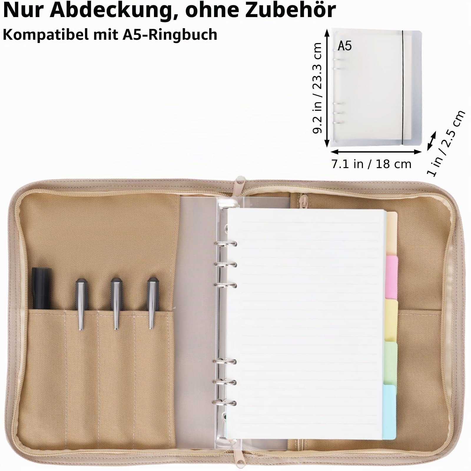VEPKOIT Taktische Notizbuchhülle mit Reißverschluss für Ordner, OCP Binder Planer Tactical Portfolio Organizer und A5 Notebook Binder Cover, 7" x 9" wetterfeste Notebook-Abdeckung - Coyote
