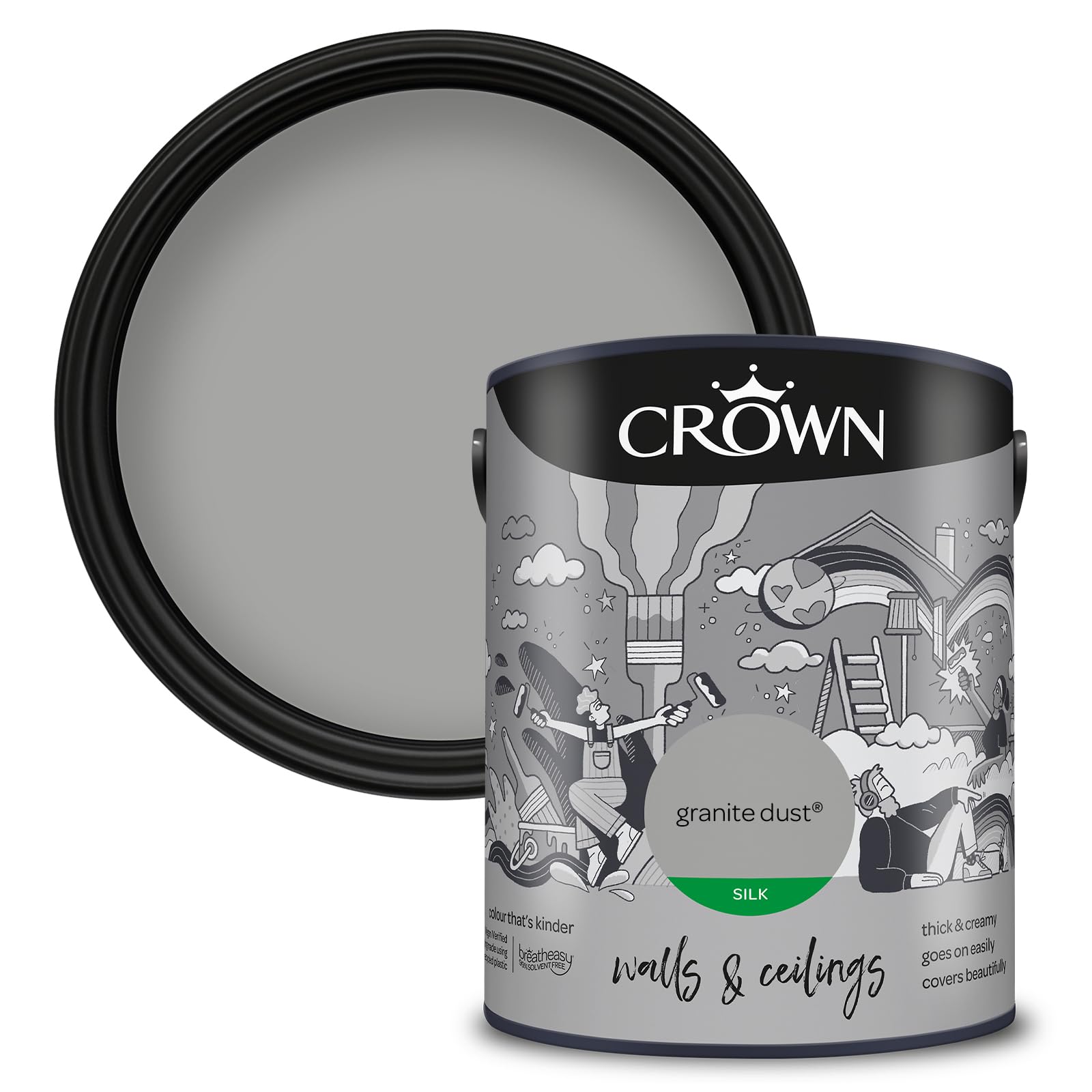 Crown Granite Dust - Silk Emulsion Paint for Walls and Ceilings - Washable - Mid Grey Finish - Bathroom, Kitchen and Hallway - Water Based, Quick Dry, Low Odour Paint - 5L