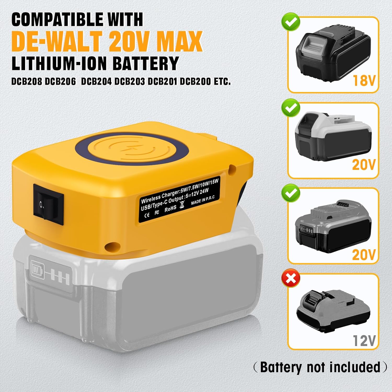 Phone Wireless Charger with Type C Port,for Dewalt 20V Battery,15W Max Wireless Charging Pad for Apple iPhone, for Samsung Galaxy, Pixel, Pro & More - Image 2