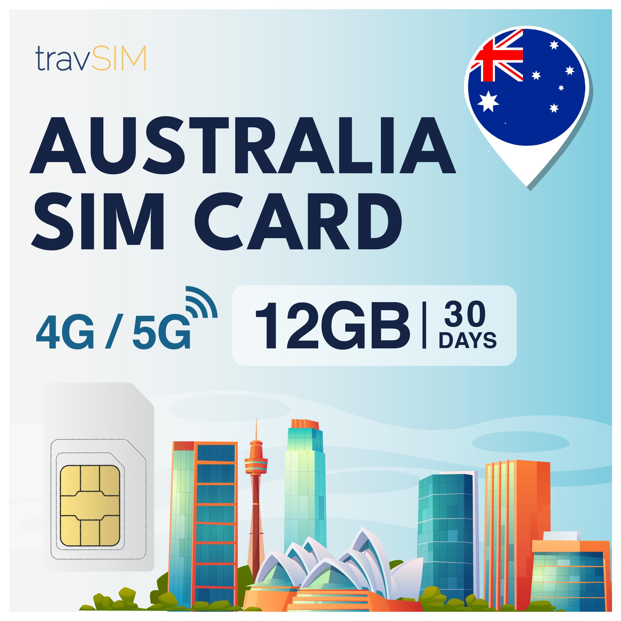 travSIM Australia SIM Card | 12GB di dati mobili a velocità 4G/5G | Roaming gratuito in Nuova Zelanda | Il piano sulla SIM Card per l'Australia è valido per 30 giorni