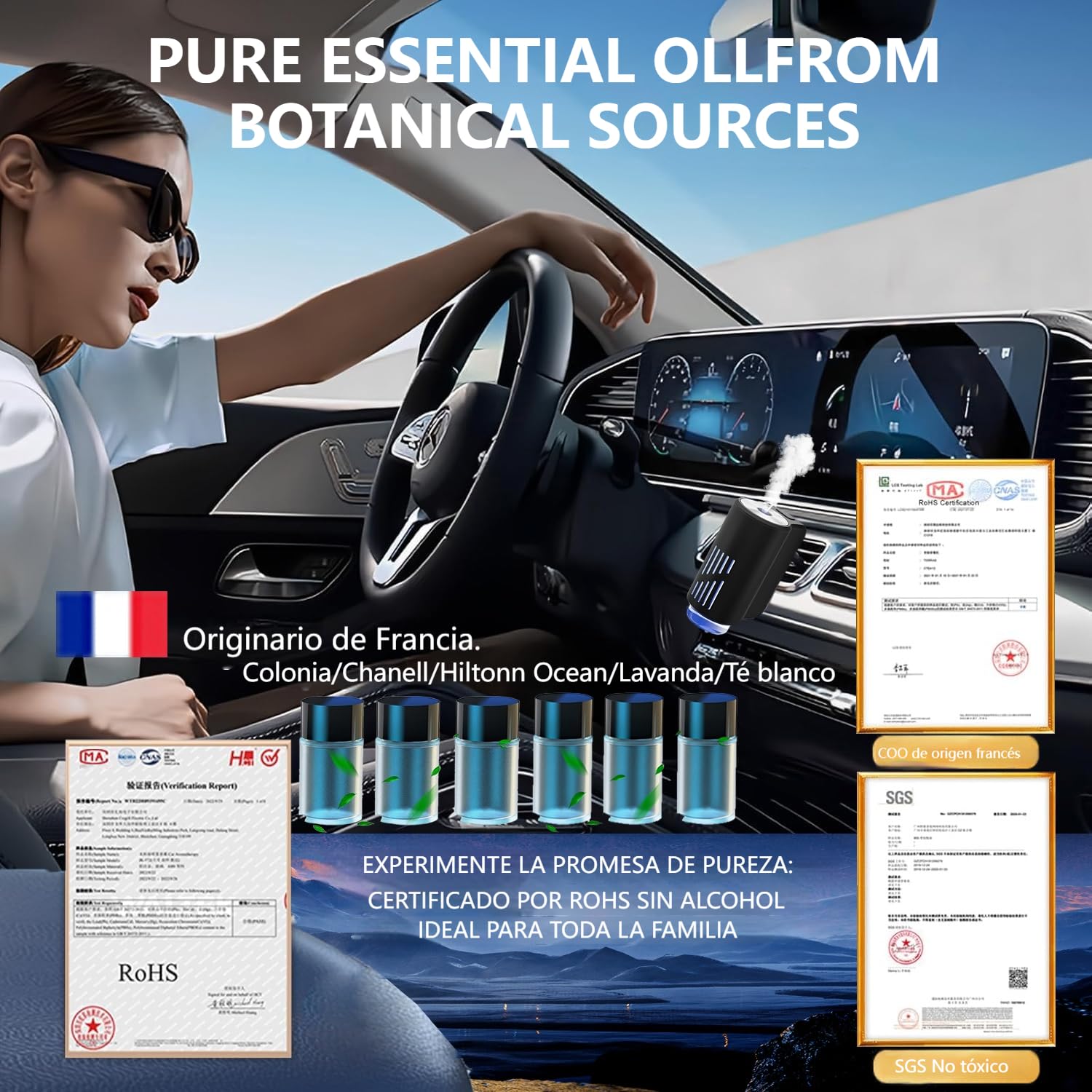 AI Eléctrico Ambientador Coche con 6 perfumes, Nebulizador Ultrasónico, 3 Modos Inteligentes, Encendido/Apagado Automático, Batería Incorporada, Perfume Francés Natural,Fragancia Hasta 12 Meses CFK-6Z