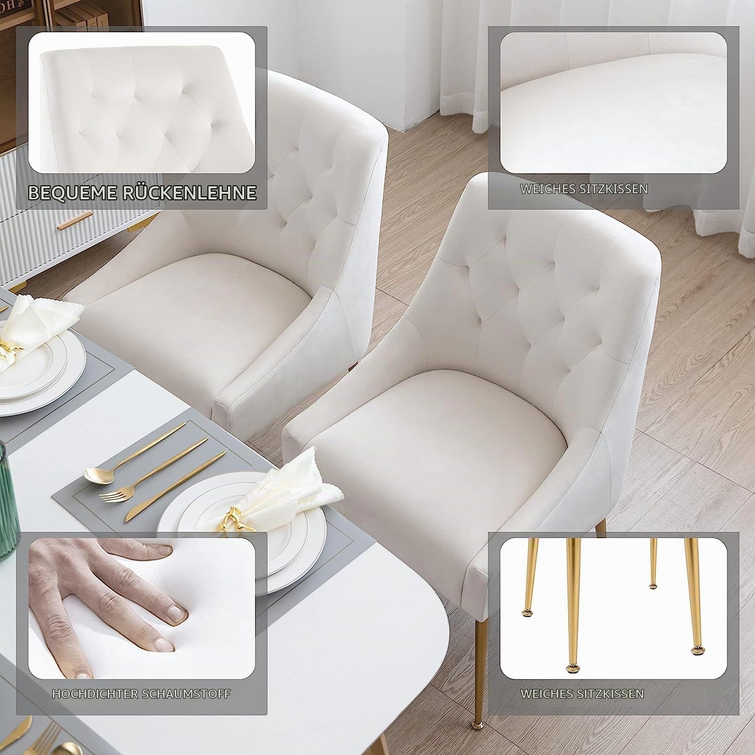 Esszimmerstühle 2er Set, Samt Esszimmerstühle, Modern Küchenstuhl mit Metallbeinen, 13 cm Gepolsterter, für Küche Esszimmer, Wohnzimmer, Schlafzimmer (Beige)
