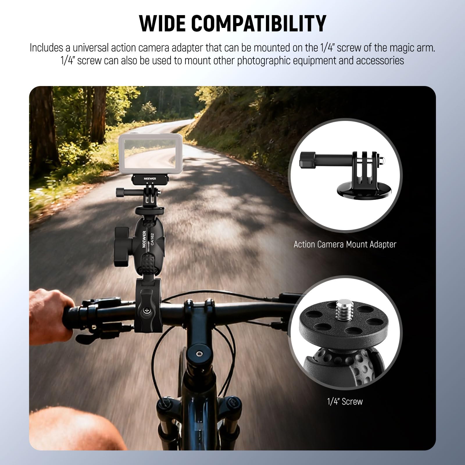 NEEWER Super Clamp Action Camera Mount con 360° Rótulas Dobles, Bici/Bicicleta/Motocicleta Soporte Manillar Compatible con iPhone Insta360 dji OSMO Action GoPro Hero para POV Grabación Vídeo, CA162