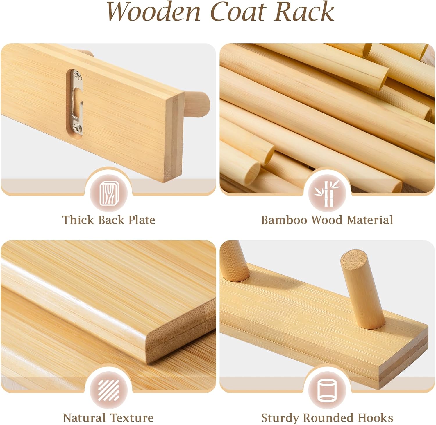 Coat Rack Wall Mount, Wooden Coat Hanger with 5 Hooks, Heavy Duty, Natural, 1 Pcs - Image 3