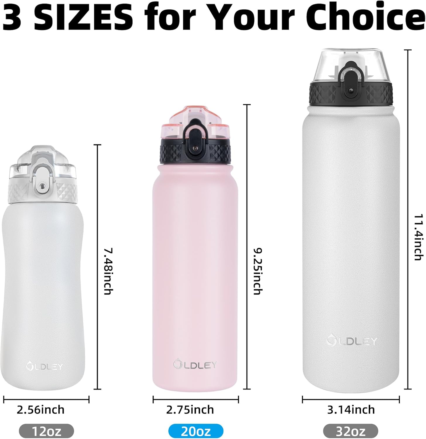 Oldley Insulated Water Bottle 20oz Water Bottles with Straw, Stainless Steel Water Bottle with 3 Lids, Double Wall Vacuum Bottles for Adult Kids, Sports Bottles for School Travel, Pink - Image 5