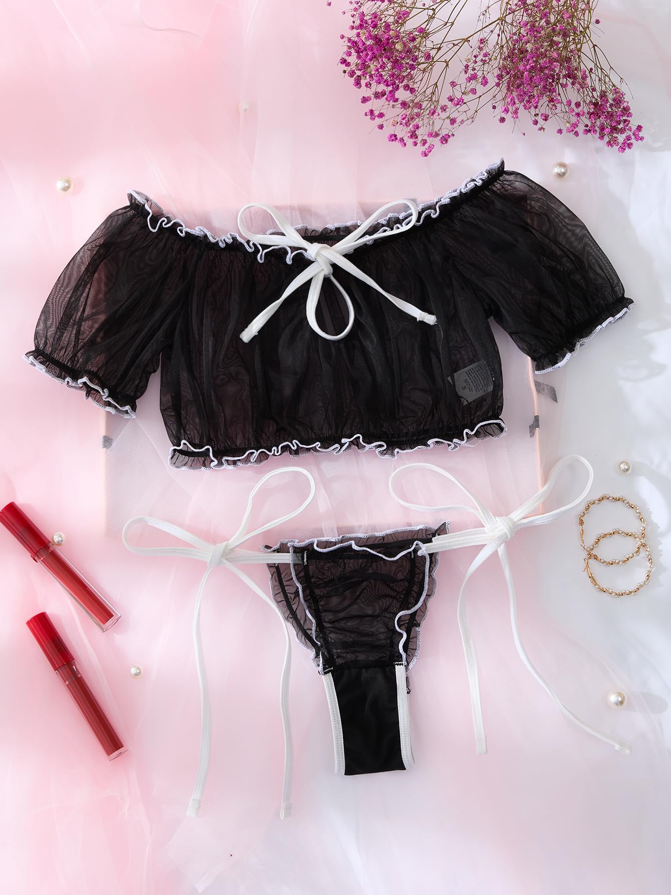 Lilosy Sexy Stretch Ruffle Tie Sheer Mesh Lingerie Set Outfits: 2X-Small Polka Dot Black White