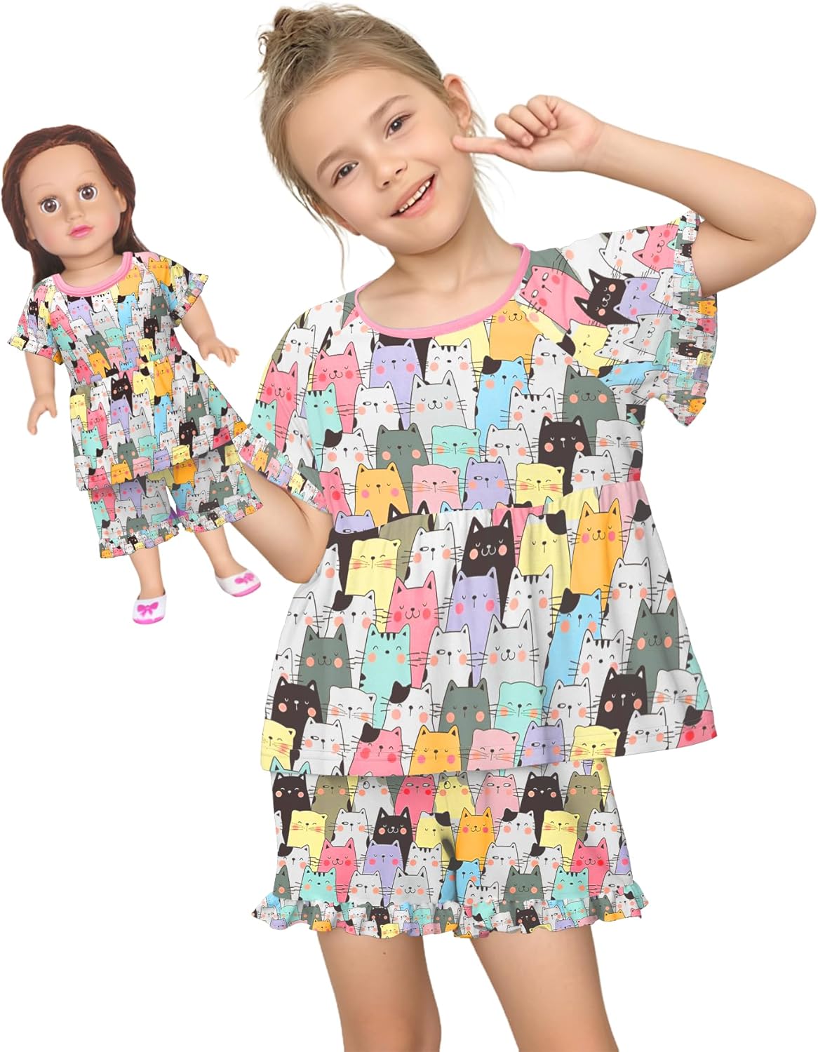LQSZ Matching Girls & Doll Pajamas Set for Toddler Girls Short Sleeves Cute Outfit Sleepwear
