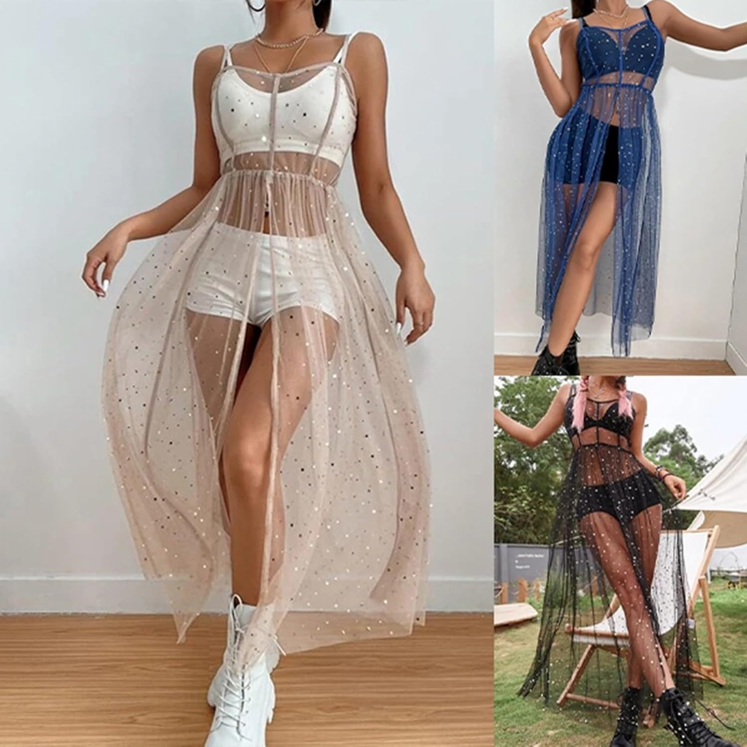 Glitzer Rock Damen Lang - Durchsichtiger Tüllrock Mit Sternen Und Mond Pailletten