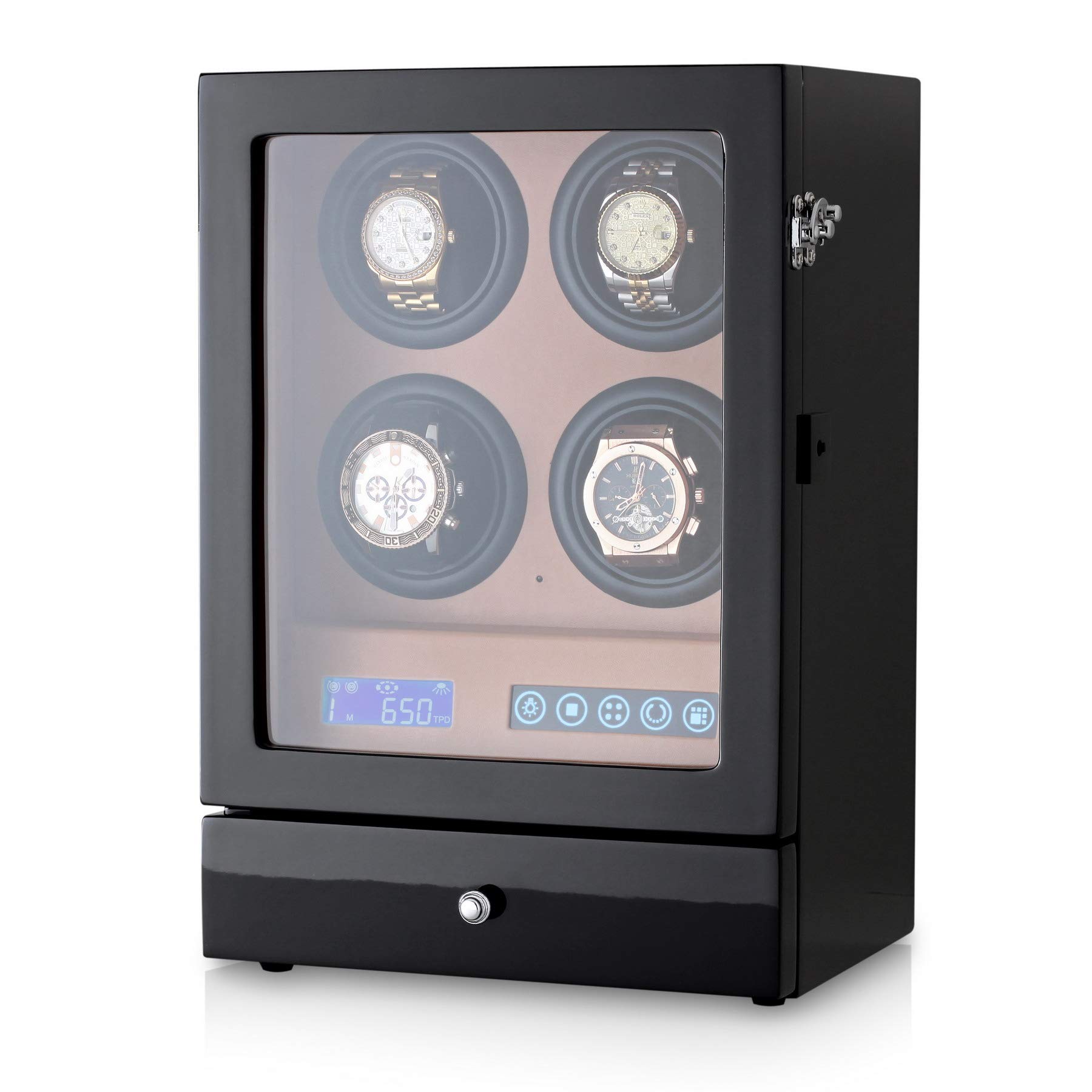 Automatic Watch Winder Box with Watches and Jewellery Storage Drawer, LED Backlight and LCD Touchscreen Control