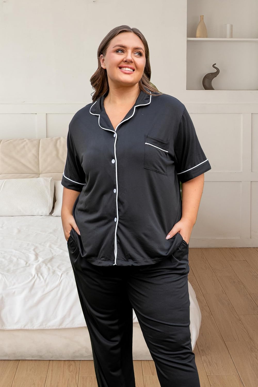Vozanet Women's Plus Size Pajamas Button Down Shirt and Pants Soft Lounge Sets Bride Nighty Bottom with Pockets 1x to 5x - Image 3