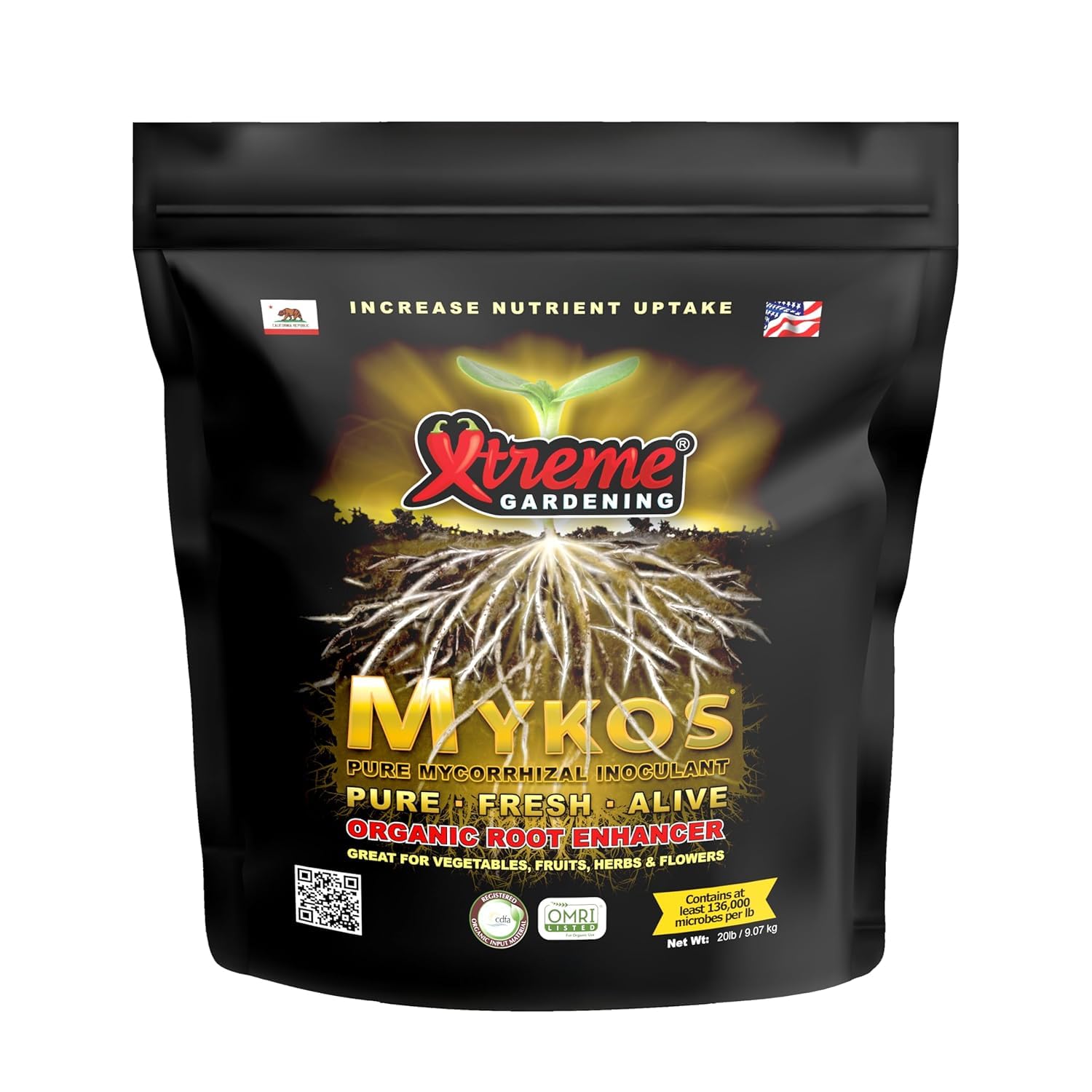 Xtreme Gardening Mykos 20 lb – Mycorrhizal Fungi Root Stimulator for Plants – Organic Root Booster for Stronger Roots, Bigger Growth & Higher Yields – Mycorrhizae for Vegetables, Flowers & Trees