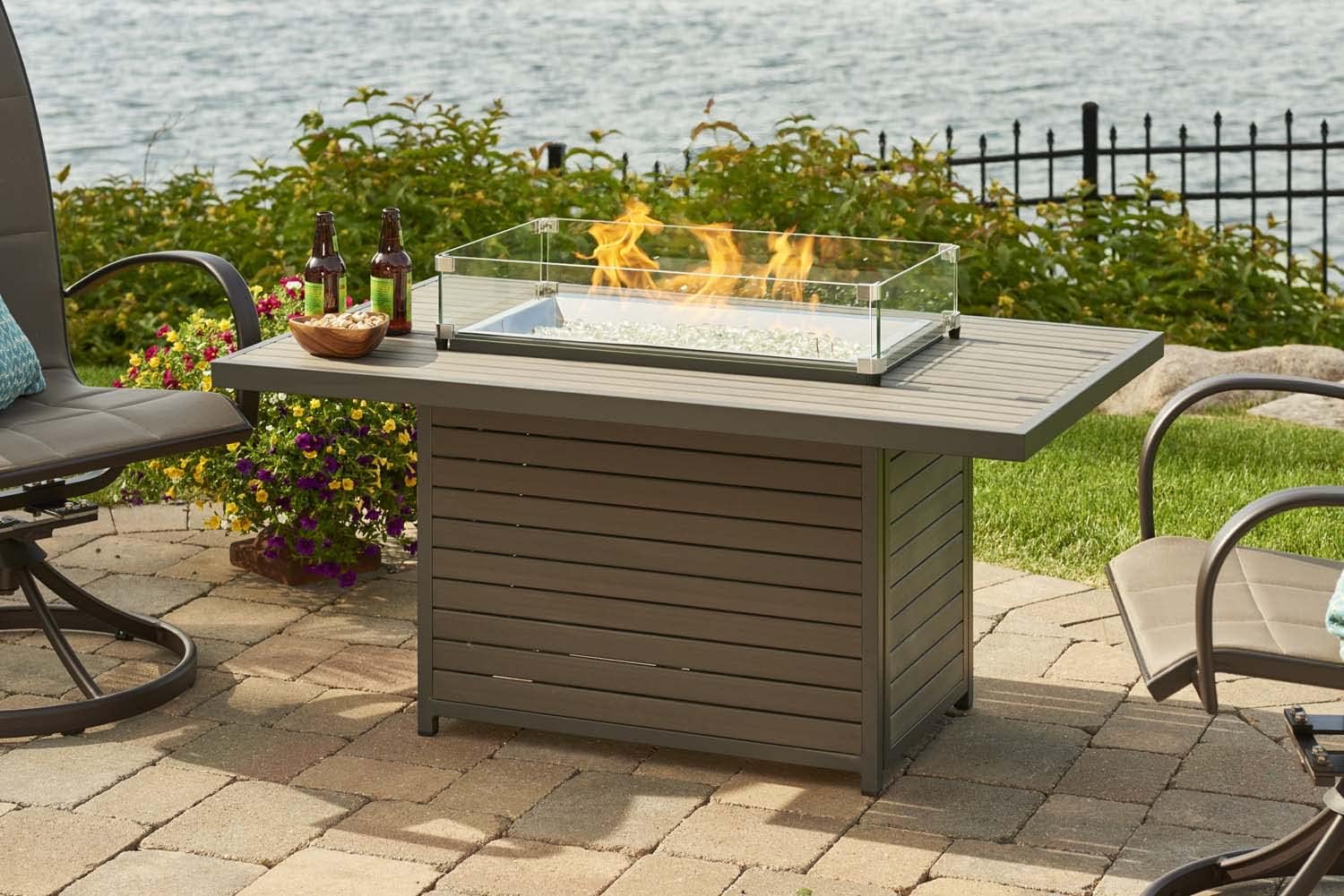 Outdoor GreatRoom Co Propane Fire Pit Table - Brooks Gas Fire Pits for Outside Patio - 50 Inch Composite Decking Firepit Fire Table with Glass Tabletop Cover, Clear Gems, 55,000 BTU - Brown