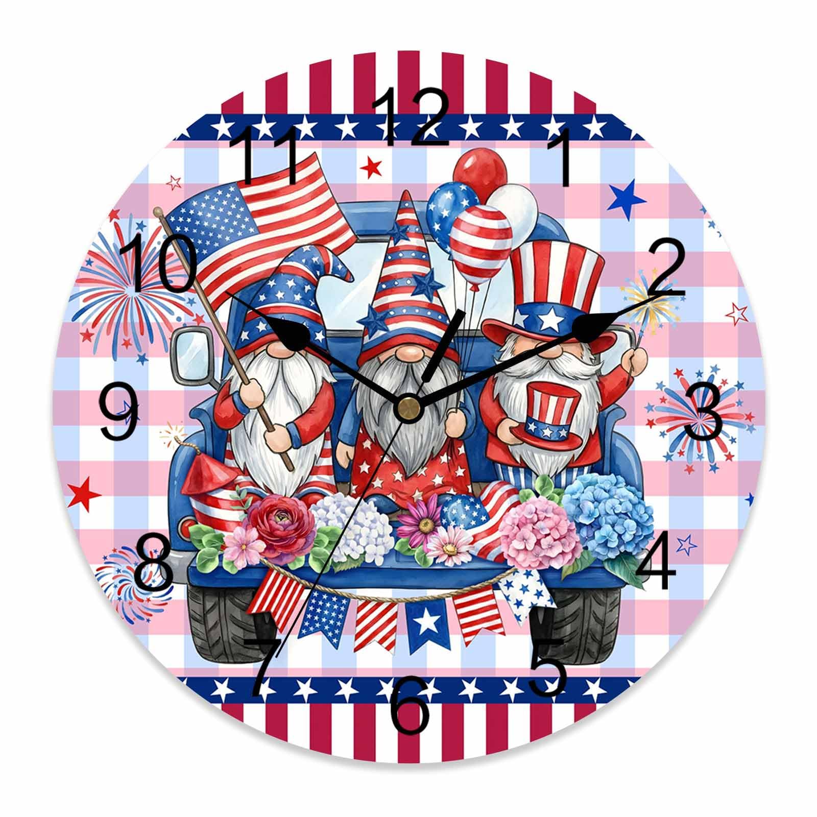 Ensound 4th of July Wall Clock American Flag Gnomes Clocks Wooden Silent Non-Ticking Battery Operated Patriotic Star Truck Fireworks Plaid Round Clock for Home Living Room Kitchen Bedroom 12 Inch