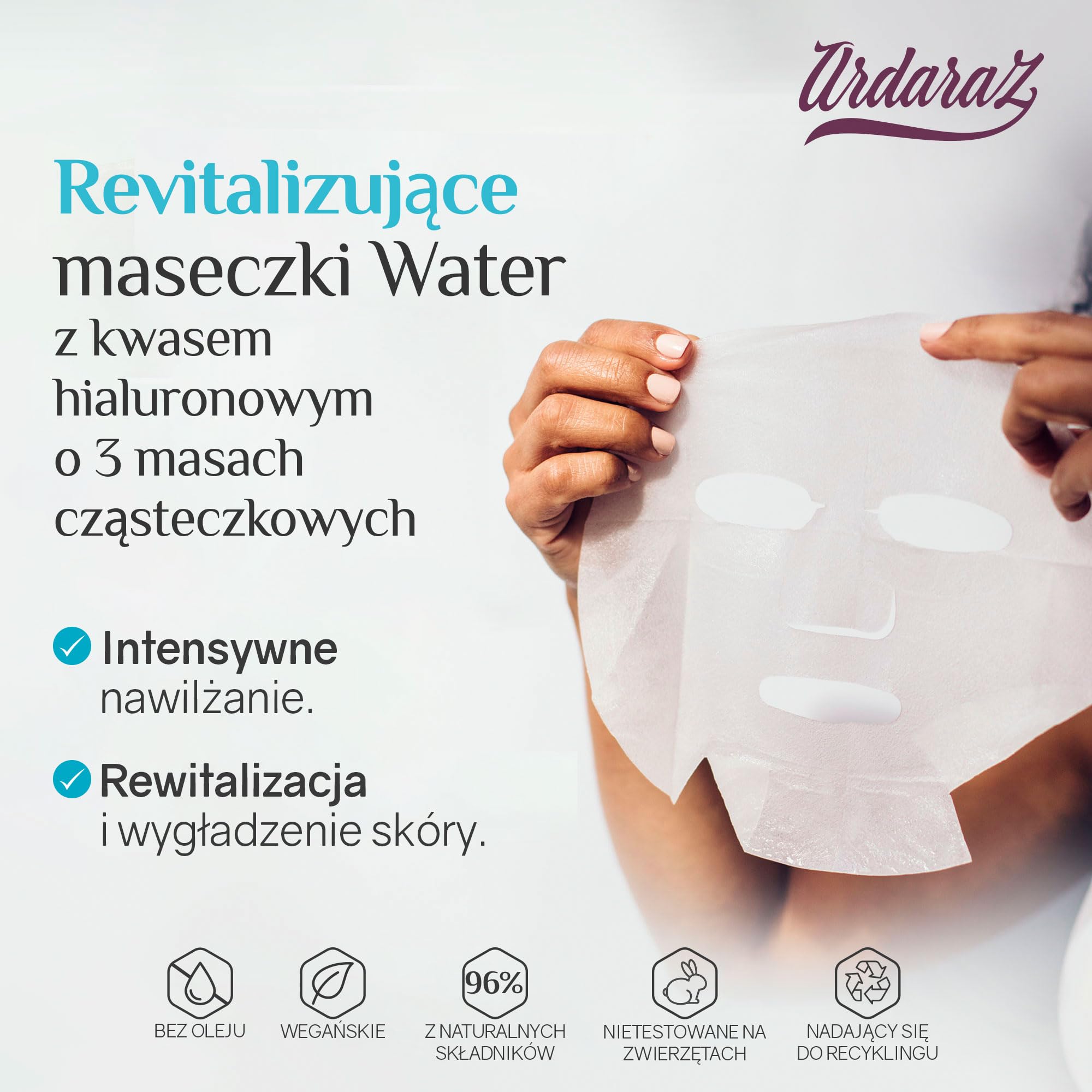 Ardaraz - Nawilżająco-odmładzająca maseczka do twarzy, nasączona skoncentrowanym serum kwasu hialuronowego w 3 gramaturach cząsteczkowych, opakowanie 5 maseczek do twarzy.