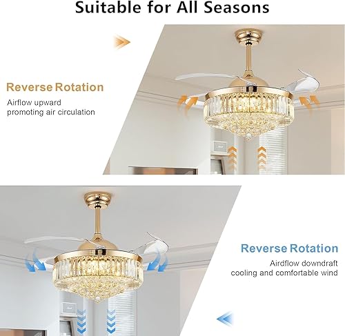 Miniatura 5 de Ventiladores de techo de 42 pulgadas con luz, ventilador de techo de araña, ventilador de techo retráctil de cristal para dormitorio, sala de estar,