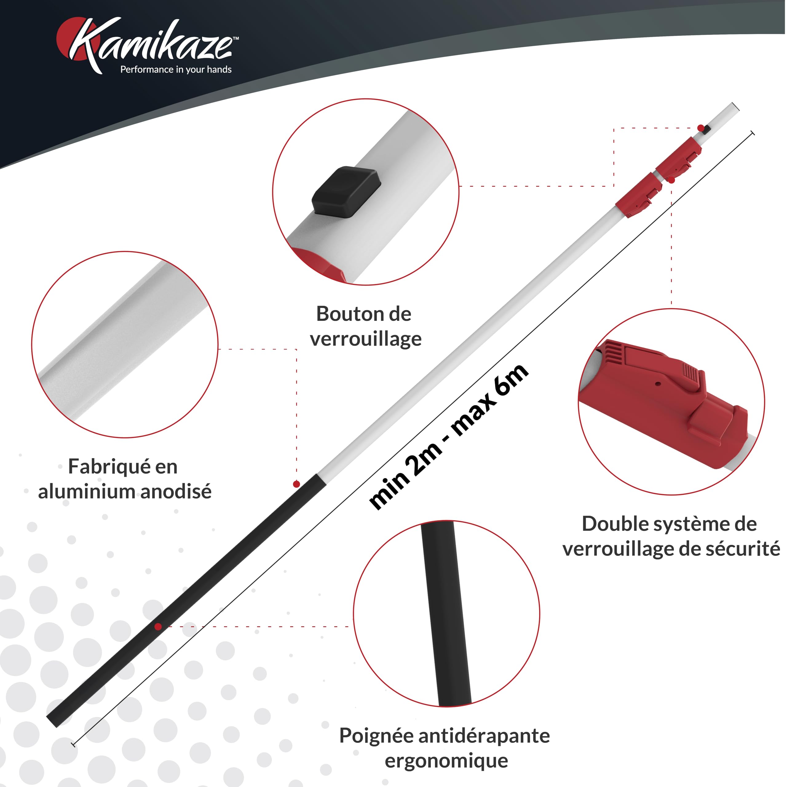 KAMIKAZE Perche multifonction télescopique à 3 brins réglables de 2 à 6 m en aluminium anodisé avec housse en caoutchouc, poignées en polypropylène compatible avec scies MT330BH MT360BH et ciseaux