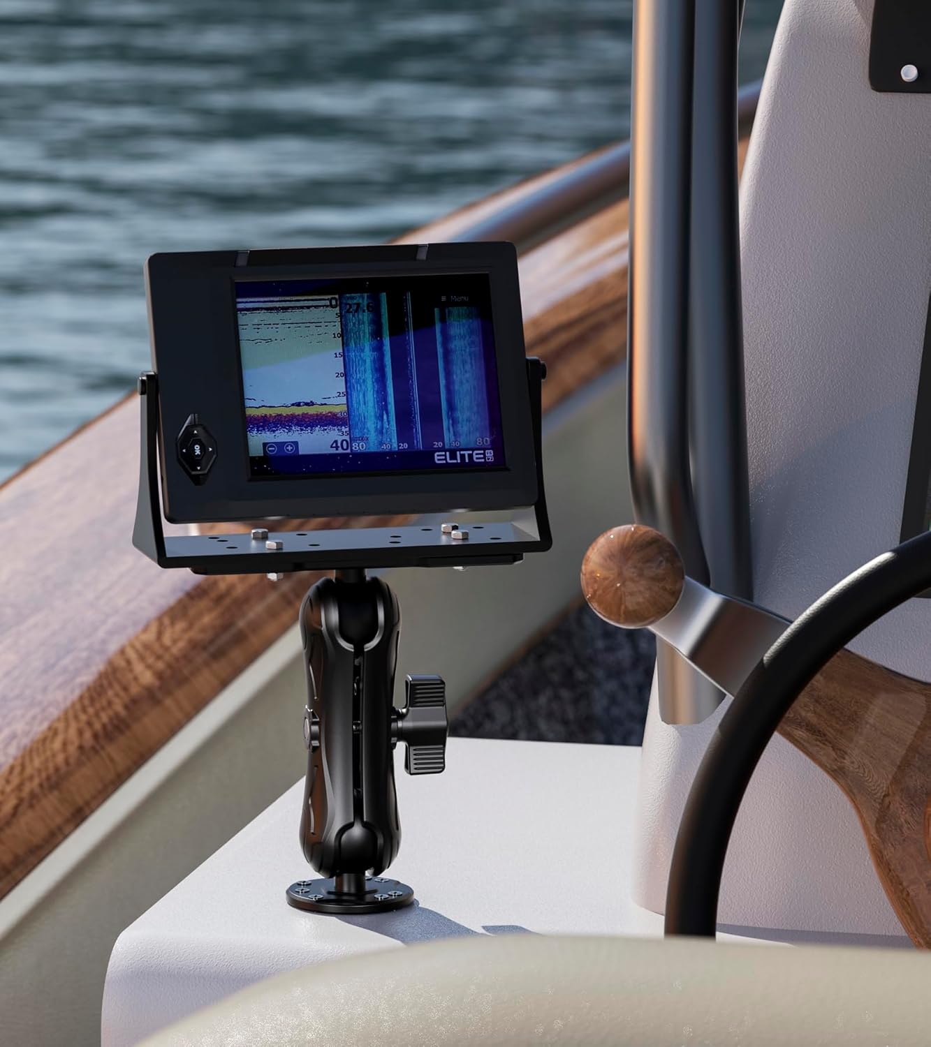 Aluminum Alloy Fish Finder Mount with C Size 1.5" Ball Rectangular Plate & Round Base, 5.7" Medium Arm Marine Electronic Mount Compatible with Garmin, Lowrance, Humminbird, Raymarine and More