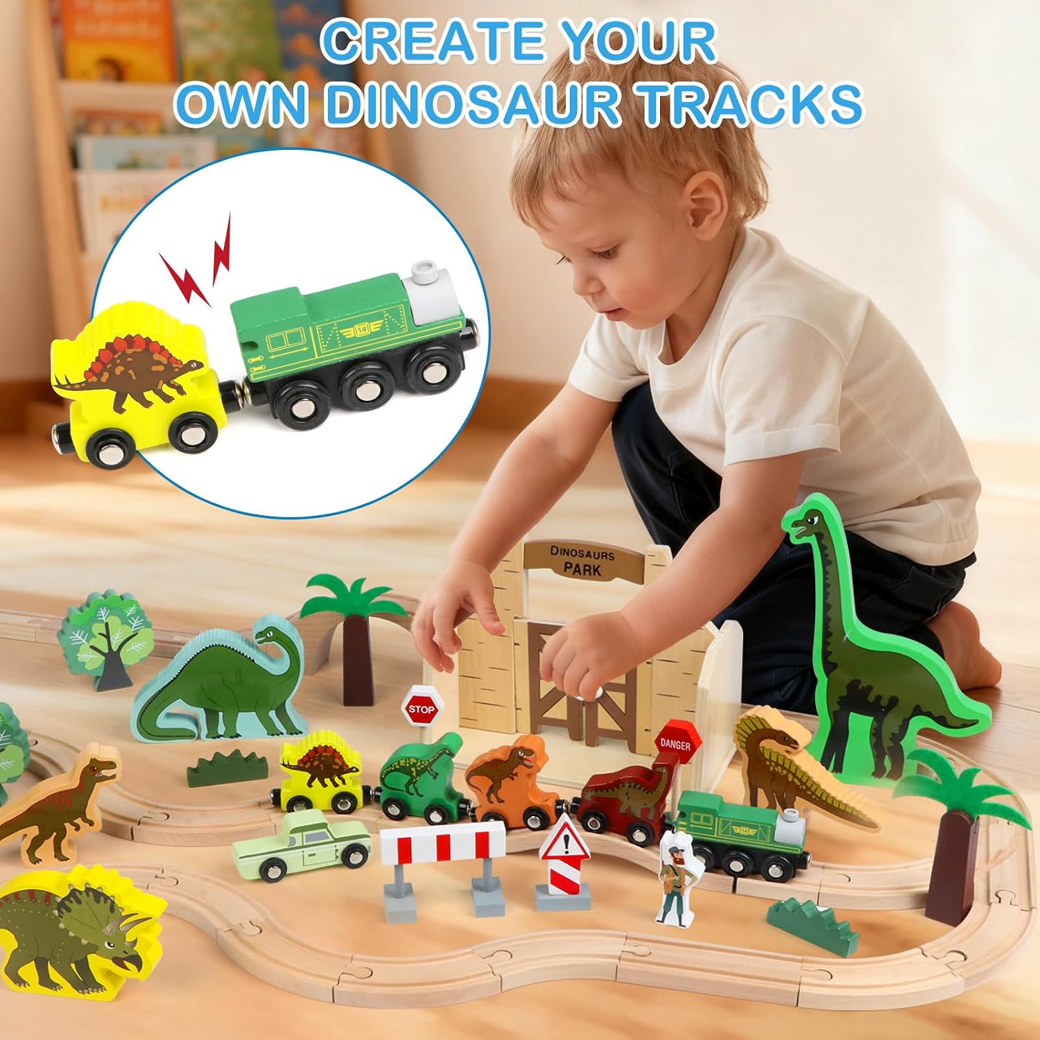 Wooden Train Set, Dinosaur Toys for Kids 3-5, Compatible with Major Brands, STEM Railway Playset, Ideal Wooden Dinosaur Train Track Set for 3 4 5 6 7 8 Year Old Kids Boy Girl