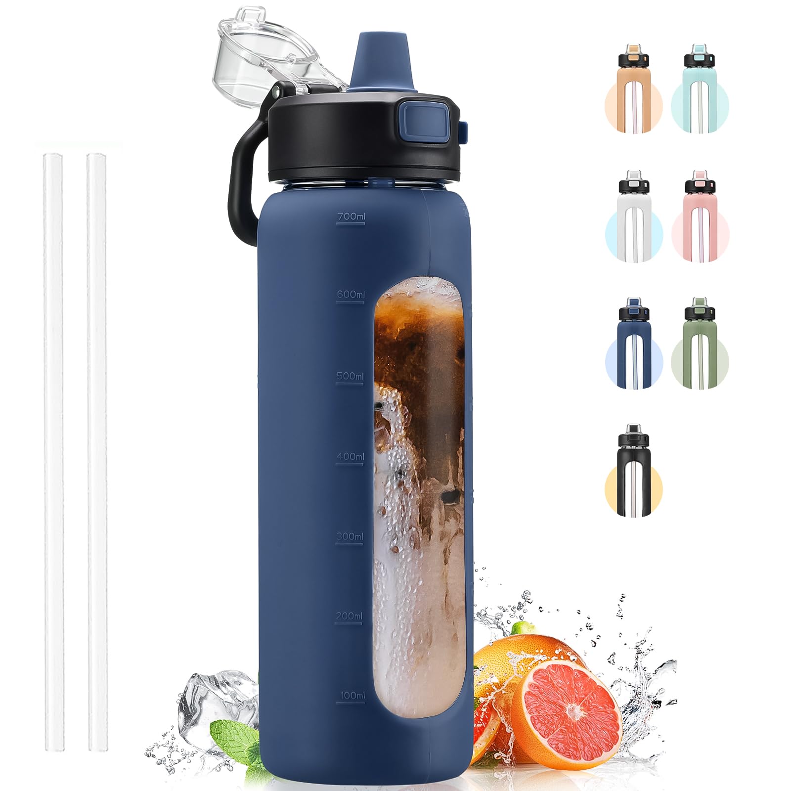 Kodrine Water Bottle With Straw and Carry Handle, Glass Water Bottle 24 oz Leak Proof Locking Lid with Soft Silicone Spout, Reusable Drinking Cups for