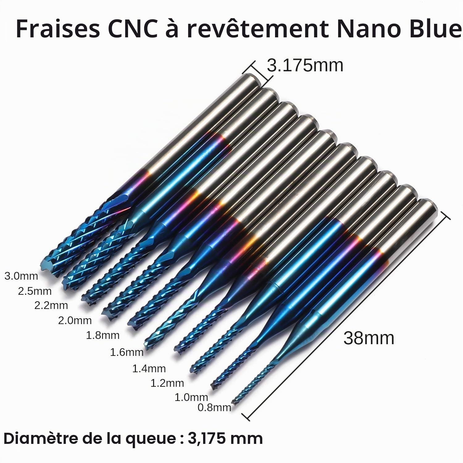 Genmitsu - Lot de 40 fraises à bout CNC - Tige de 1/8" - Avec 2 cannelures à nez plat et à nez boule, Nano Blue Coat et Titanium Coat CNC - MC40A