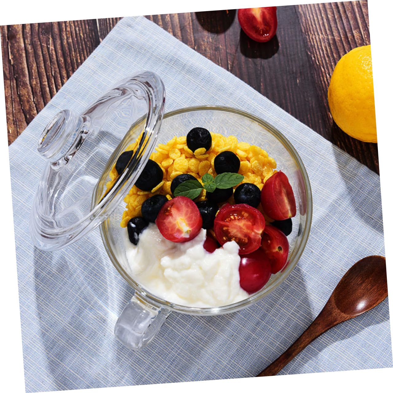 Alipis Tazón de Vidrio Transparente de 600ml con Tapa y Asa para Desayuno o Ensalada, Recipiente Creativo y Funcional para Uso Doméstico