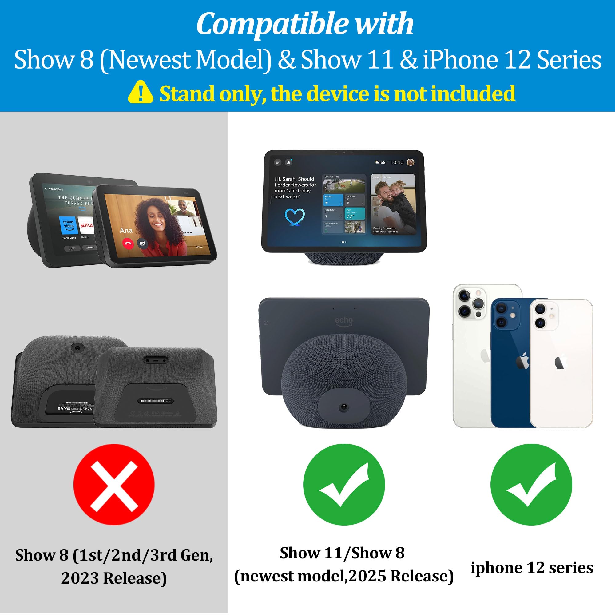 PlusAcc Ständer für Show 11/8 (najnowszej generacji) – Regulowana podstawka stołowa z funkcją nachylenia i antypoślizgową podstawą, uchwyt kompatybilny z iPhone 12, idealny do kuchni lub stolika