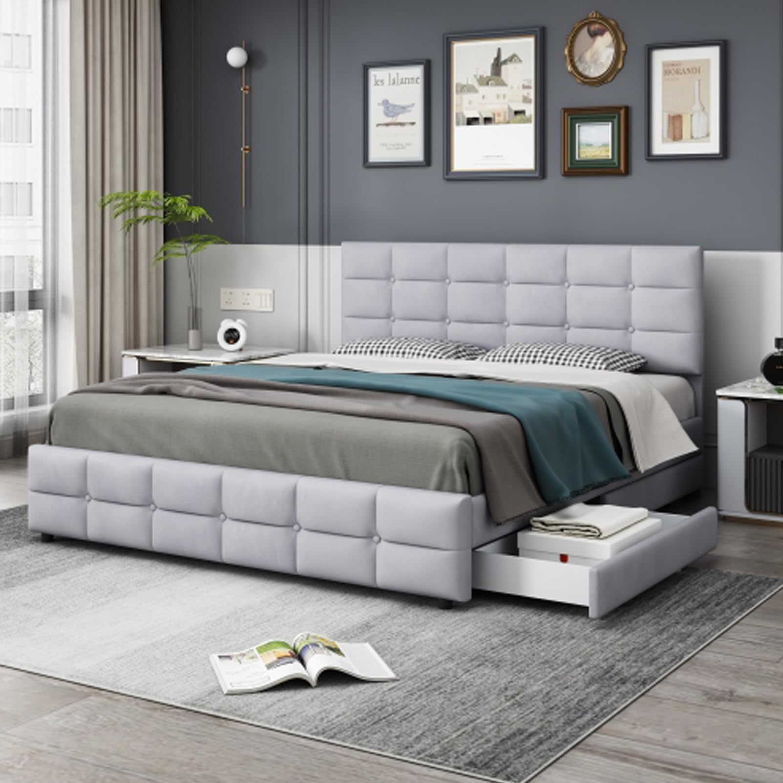 Letto Imbottito 180x200 Cm Con 4 Cassetti Letto Matrimoniale King Size Con Rete A Doghe E Schienale Letti Per Ragazzi Per Adulti Ragazzi Letto Contenitore Per Ospiti Per Camera Da Letto Grigio 1001