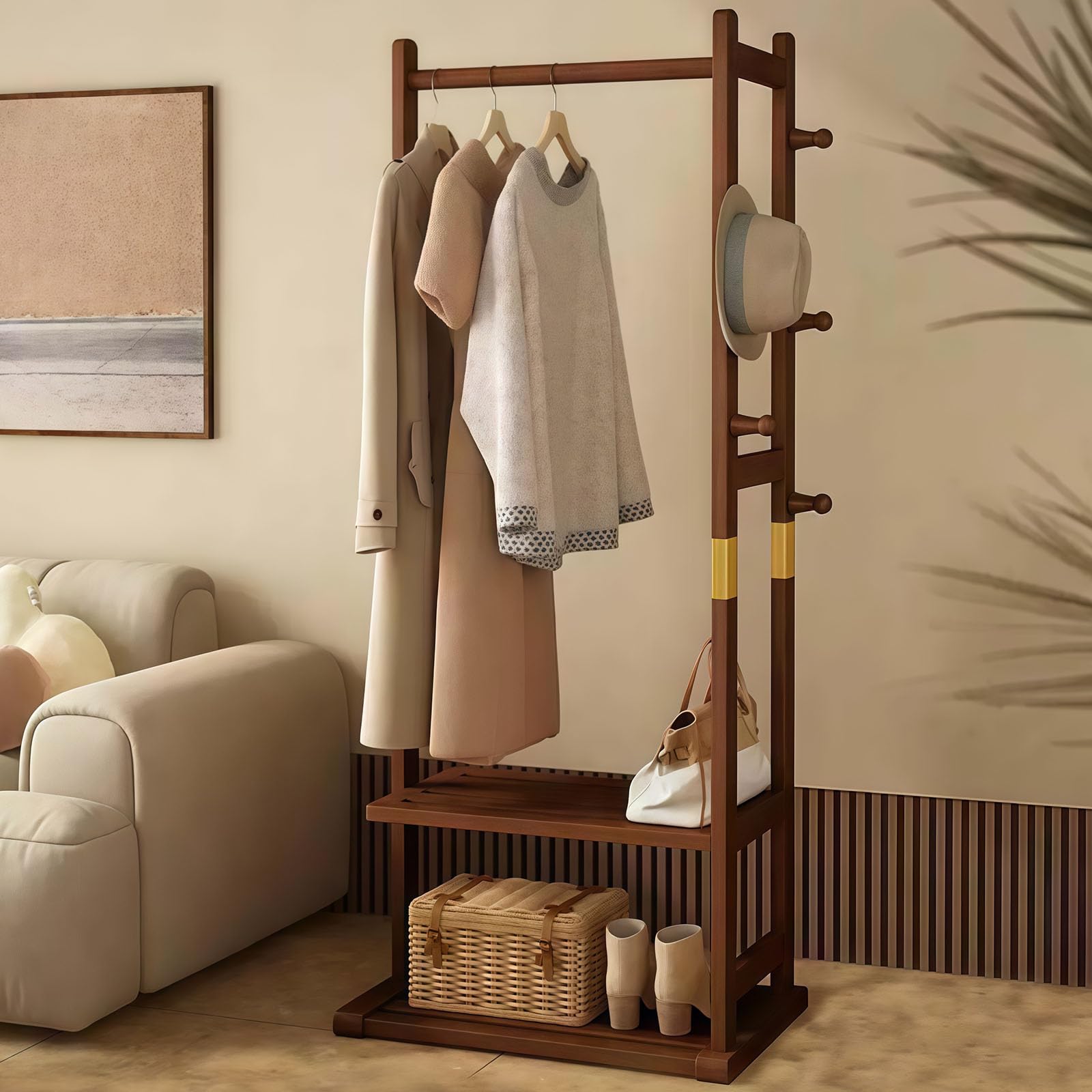 Perchero resistente de madera maciza con estantes de almacenamiento y ganchos para colgar ropa, sombreros, carteras, independiente para pasillo y dormitorio