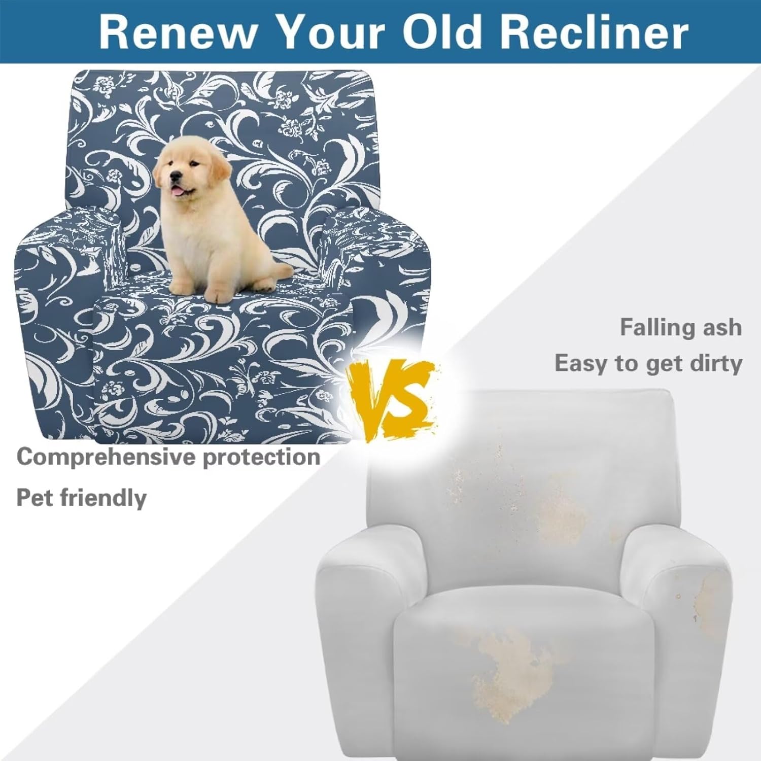 Recliner Cover Recling Chair Slipcover Retro Blue Flower Leaf Print Sofa Couch Covers 4 Pcs Breathable Furniture Protector for Lazy Boy Chair