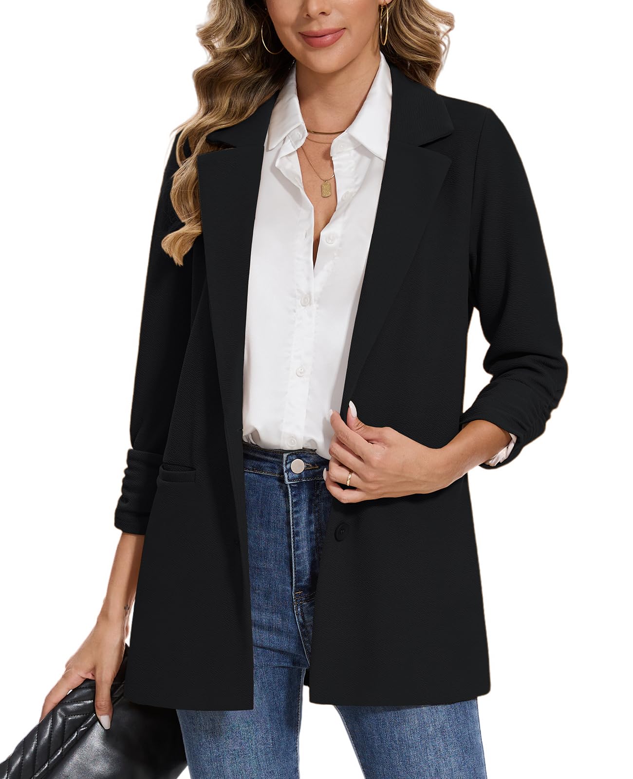 MINTLIMIT Womens Casual Long Blazer 3 4 Ruched Sleeve Lapel Button Front Work Office Blazers Suit Jacket with