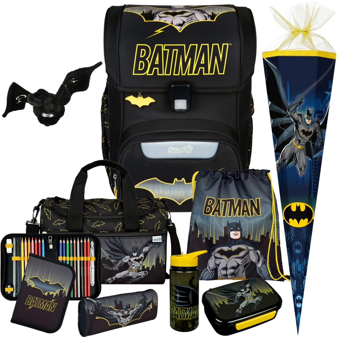 Scooli Schulranzen 1.Klasse Jungen EasyStart Schulranzen- Set (Batman 10tlg. mit Sporttasche, Brotdose, Trinkflasche, passend Plüschtier, Schultüte)