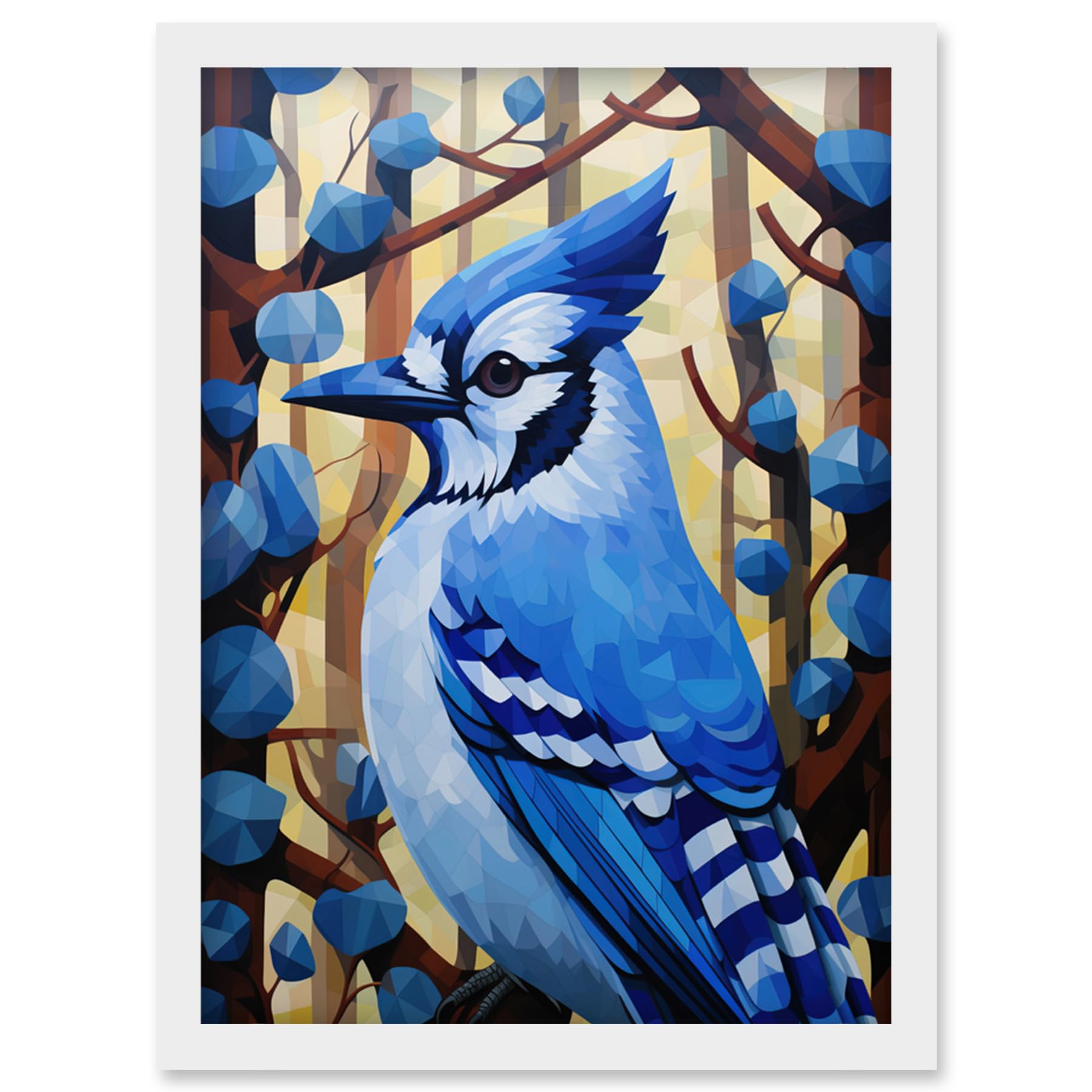 Blue Jay Geometric Artwork Print - Polygonal Forest Landscape - Framed A4 Wall Art - Artery8