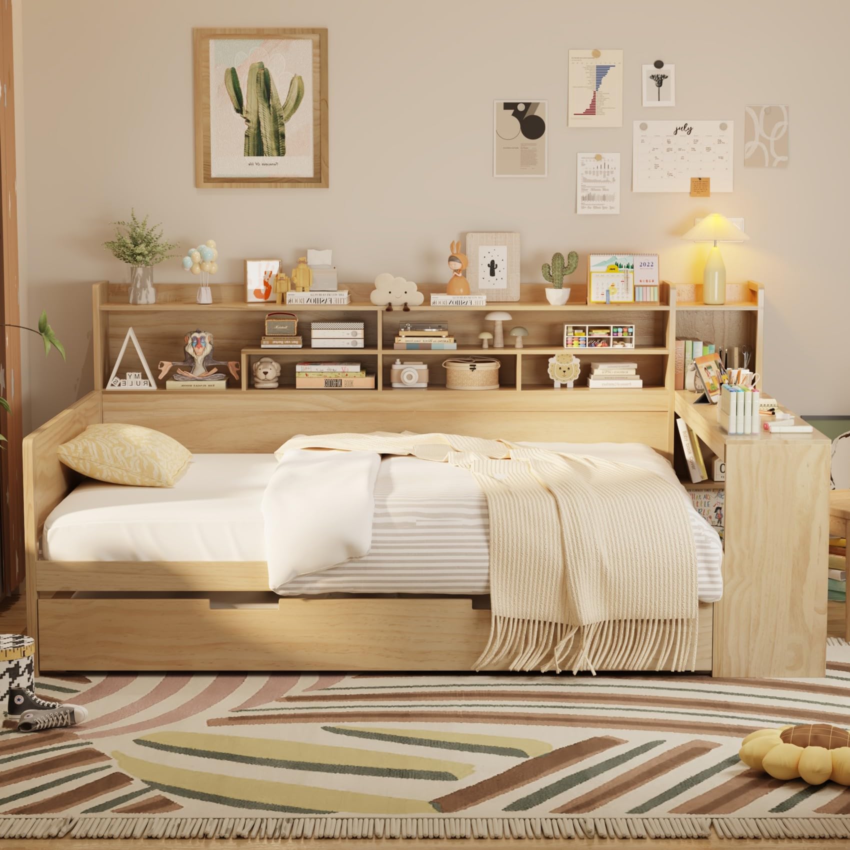 Photo 1 of Merax Full Bed Frame with Trundle, Desk, and Storage Shelves