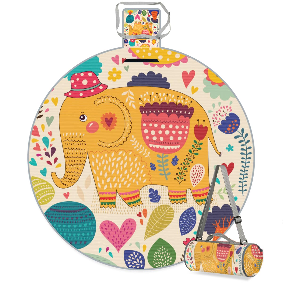 Shimoshe Colorful Pattern Elephant Picnic Outdoor Blanket Foldable Waterproof Sandproof Beach Blanket Portable Water-Resistant Round Picnic Mat for Travel Camping Park Lawn