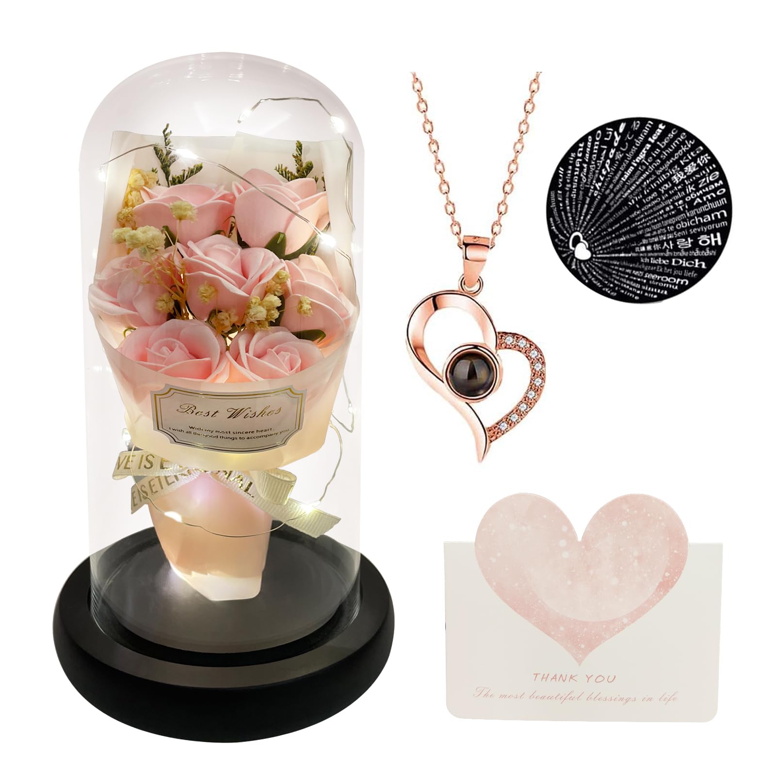 Cadeau pour elle - Bouquet de fleurs éternelles - Dôme en verre préservé - Lumière LED - 100 langues - Collier pour la fête des mères, un anniversaire, la Saint-Valentin - Cadeau romantique pour femme