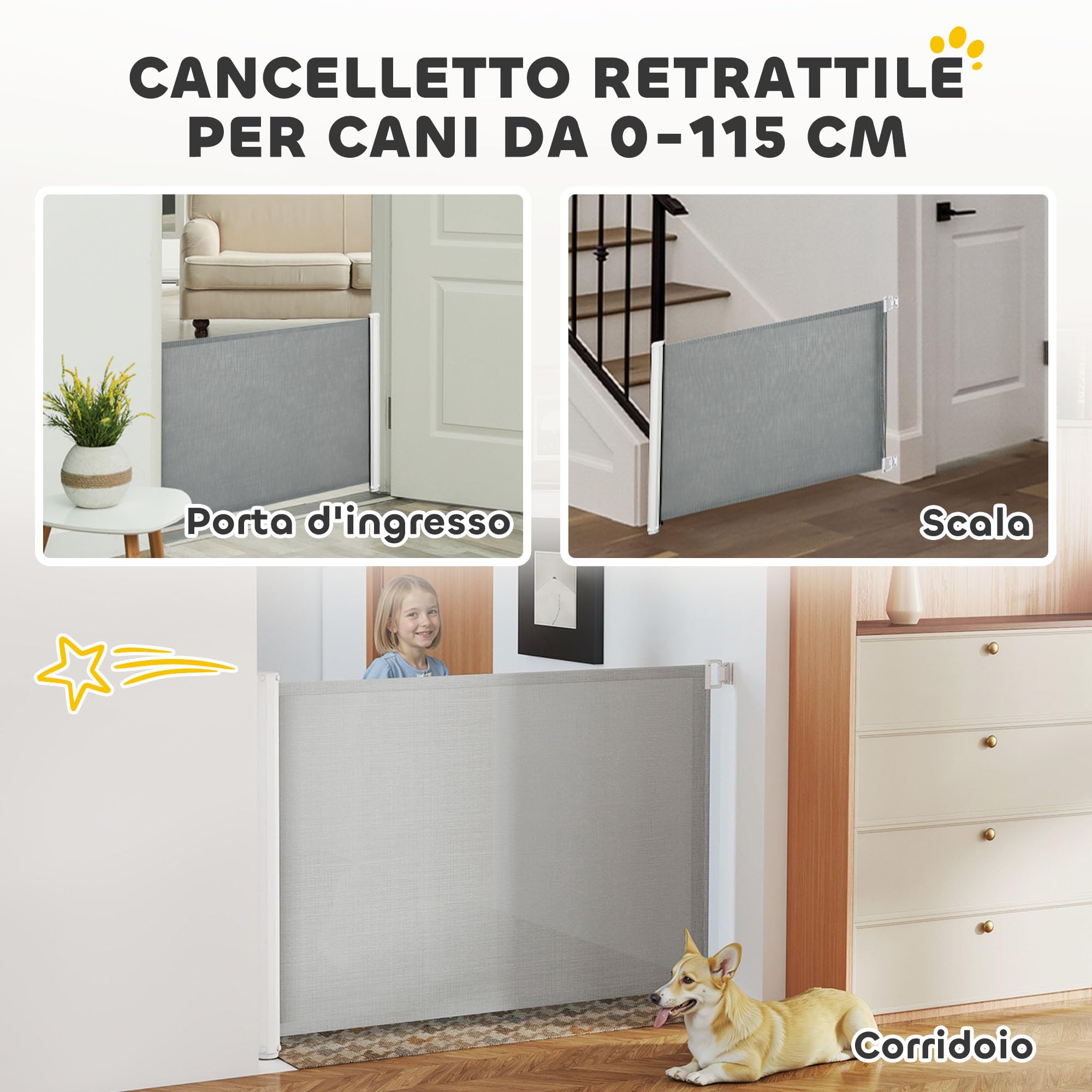 PawHut Cancellino per Cani Estensibile fino a 115 cm con Viti e Gancio, Cancelletto di Sicurezza in Poliestere e Acciaio, 115x82.5 cm, Bianco e Grigio