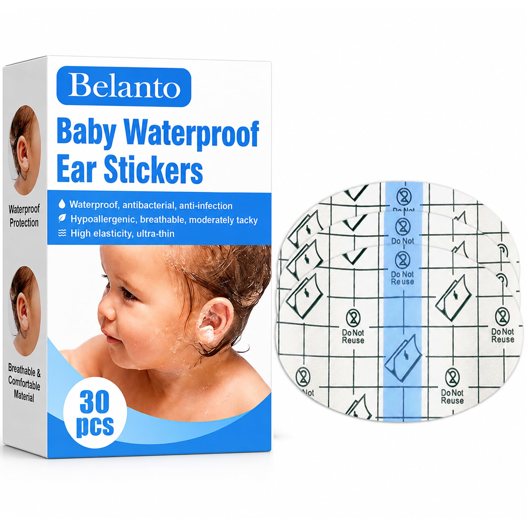 Belanto Baby Waterproof Ear Protector for Bathing 30pcs, Self-Adhesive Ear Cover Sticker for kids, Newborn Baby Ear Protection for Bath Shower, Swimming, Showering, Water Sports, Invisible Heel Protector