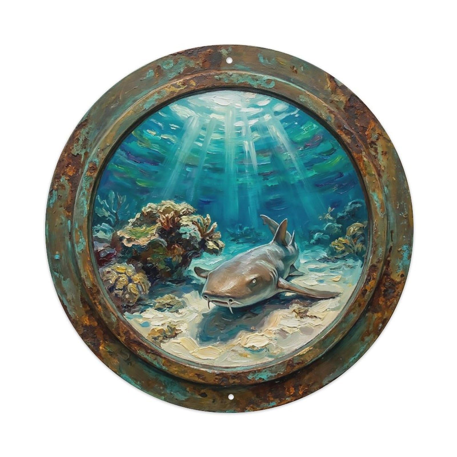 Vintage Porthole Nurse Shark Resting Ship Window Undersea Deep Sea Metal Tin Sign