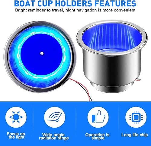 Miniatura 4 de Portavasos LED de acero inoxidable, 6 unidades, con drenaje, para barco, yate, coche, cámper, camión, caravana, luces azules