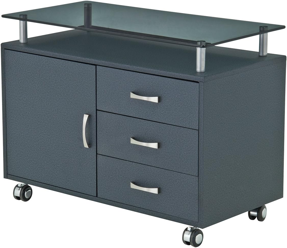 TECHNI MOBILI Rolling Storage Cabinet With Frosted Glass Top. Color: Graphite