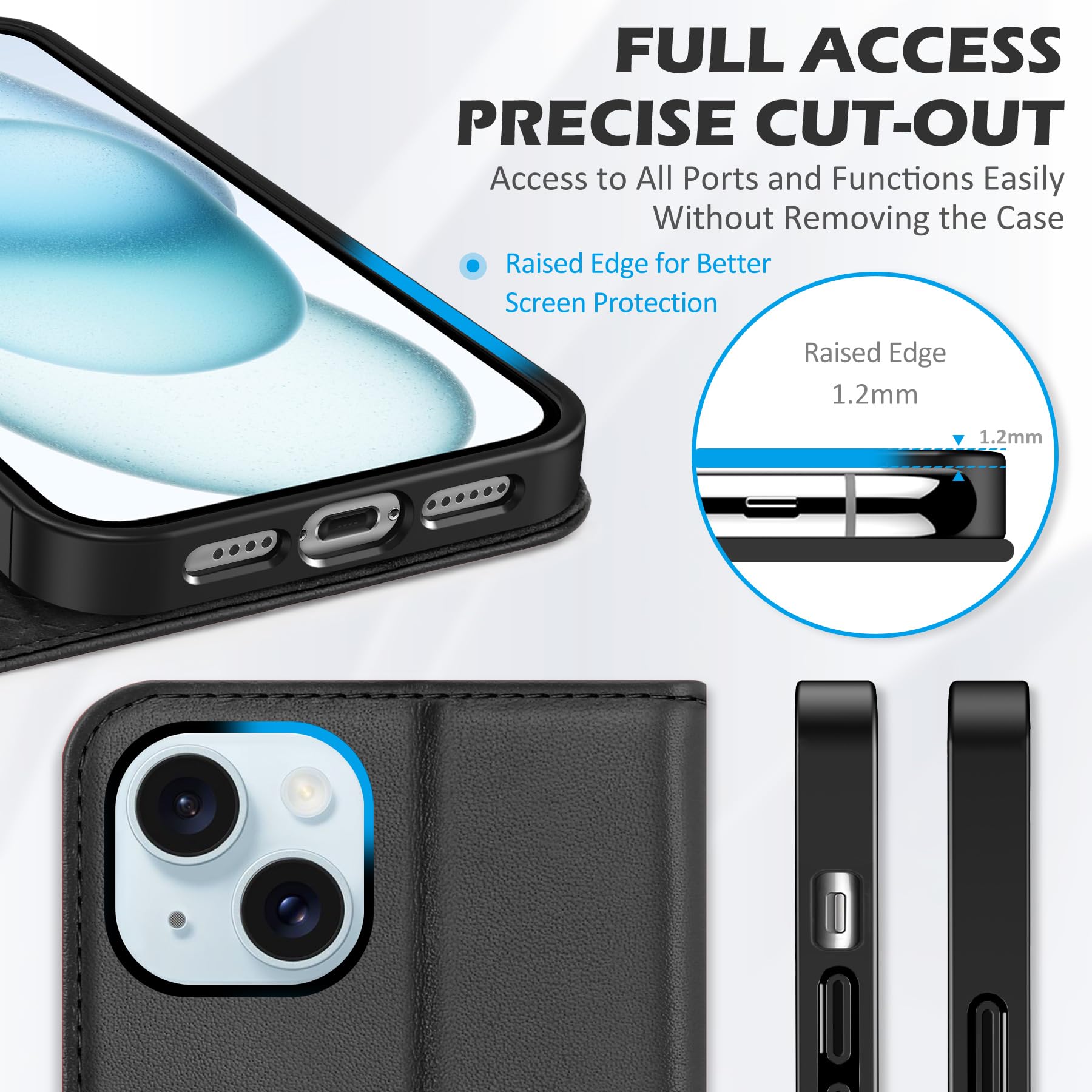 SHIELDON Etui do iPhone 15 Plus, Portfel z prawdziwej skóry z [podpórką] [gniazda na karty] [blokowanie RFID] odporne na wstrząsy etui z klapką Folio kompatybilne z iPhonem 15 Plus - Czarne | Blokada RFID, składany stojak, gniazdo na karty, zamknięcie mag