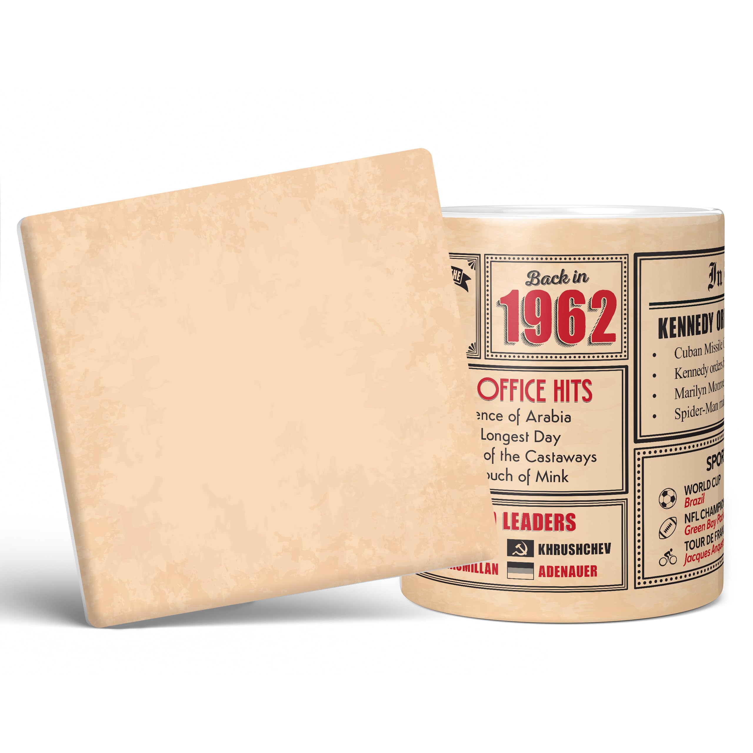 Mug Monster - 64th Birthday Gift - Back in 1962 in This Year Mug, Present for Men and Women, Birthday Gifts for Women, Birthday Gifts for Men, 64th Anniversary Present, 11oz White Mug & Coaster