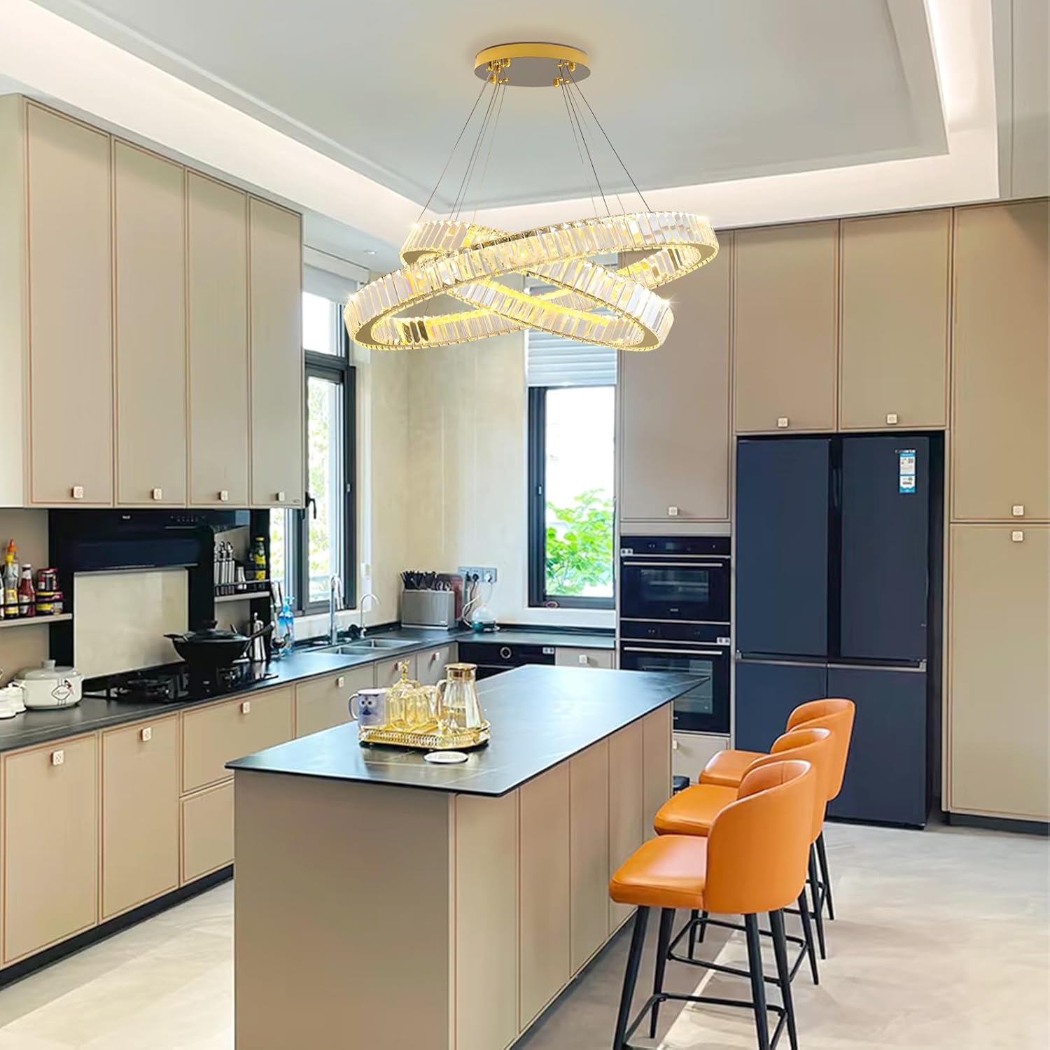 Modern Crystal Chandelier 23 Inch for Dining Room Luxury Round Crystal Chandelier Adjustable Hanging Pendant Light Fixture for Living Room Entryway Kitchen Island Bedroom (Gold, D23'' 2 Lights)