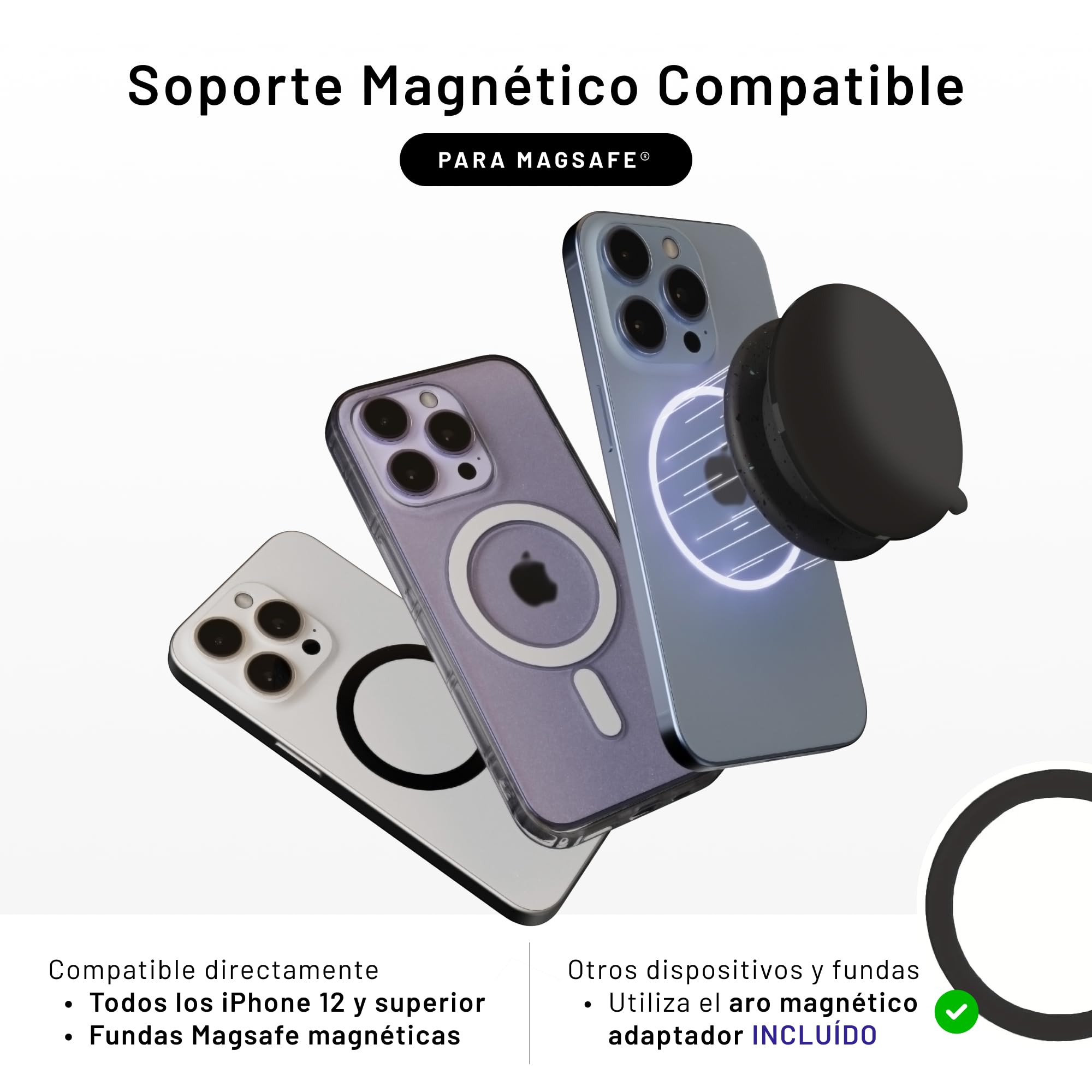 Ventosa Movil, Soporte Magnetico Movil Coche, Espejo Ducha, Soporte Magsafe Compatible con iPhone, Android y Tablets, Ideal para Fitness, Yoga, Selfies, Padel, Incluye Anillo Adaptador