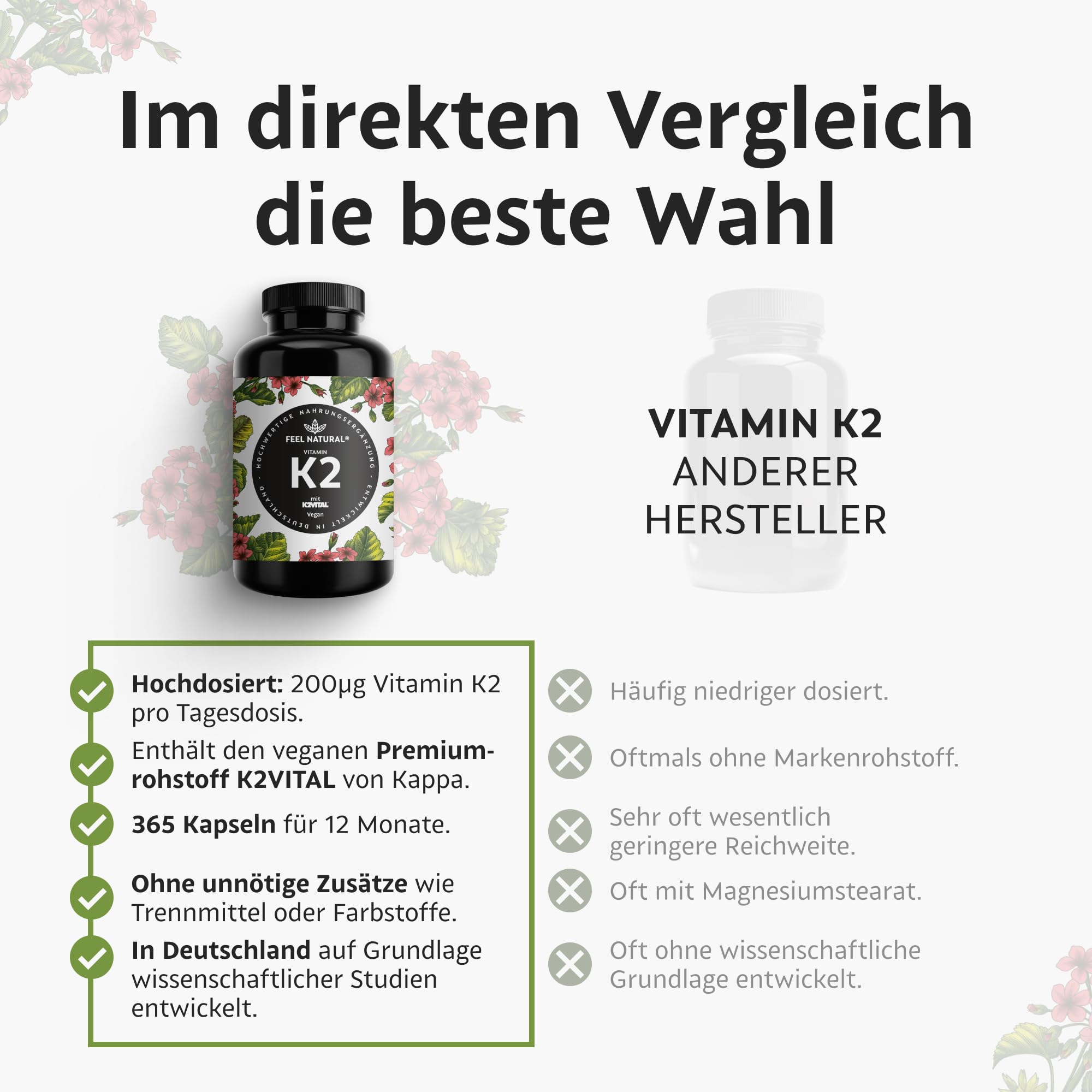 Vitamin K2 MK7-365 Kapseln - 200µg je Kapsel - Spitzenrohstoff K2VITAL® mit 99,7% All-Trans-MK7 - Hochdosiert, vegan, ohne Zusätze wie Magnesiumstearat - laborgeprüft, in Deutschland produziert