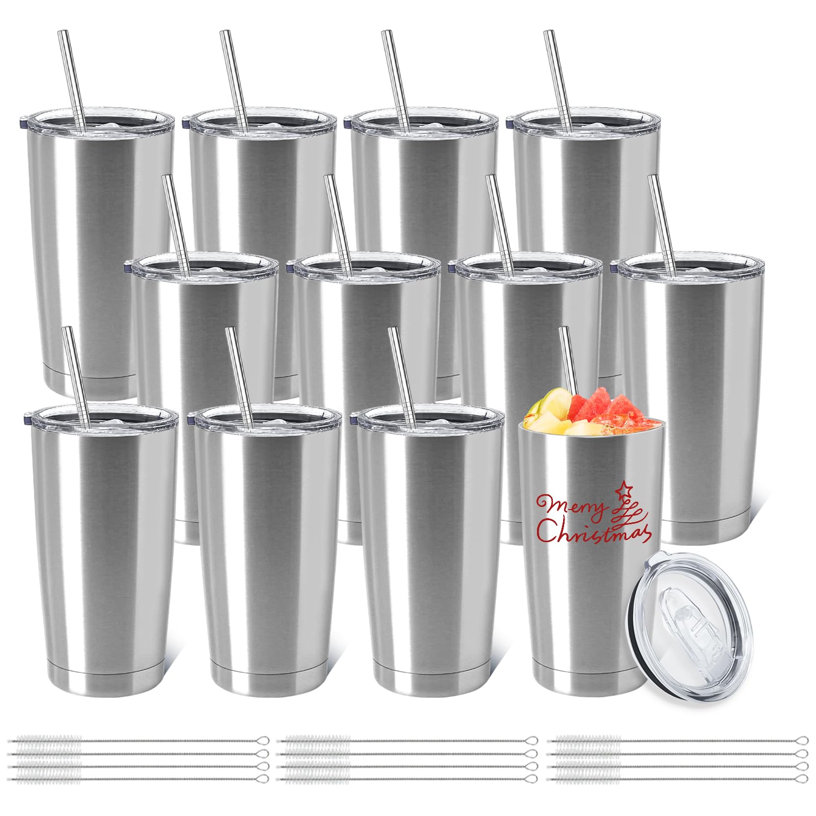 Photo 1 of YOUKE OLA 12 Pack Insulated Coffee Tumbler Stainless Steel Double Wall Vacuum Travel Tumbler Cup with Lid and Straw for DIY Gift, Silver 20oz