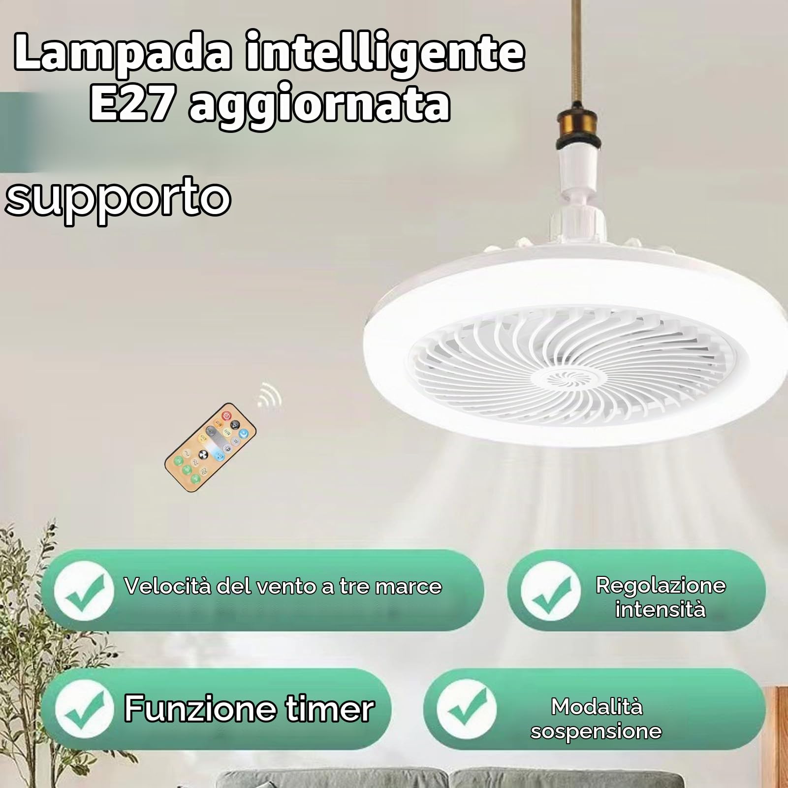 Elprico Ventilatore da Soffitto E27 con Luci, Ventilatore da Soffitto con Presa 30 W con Telecomando, Ventilatore da Soffitto a Basso Profilo Piccoli Spazi Camera da Letto Home Office